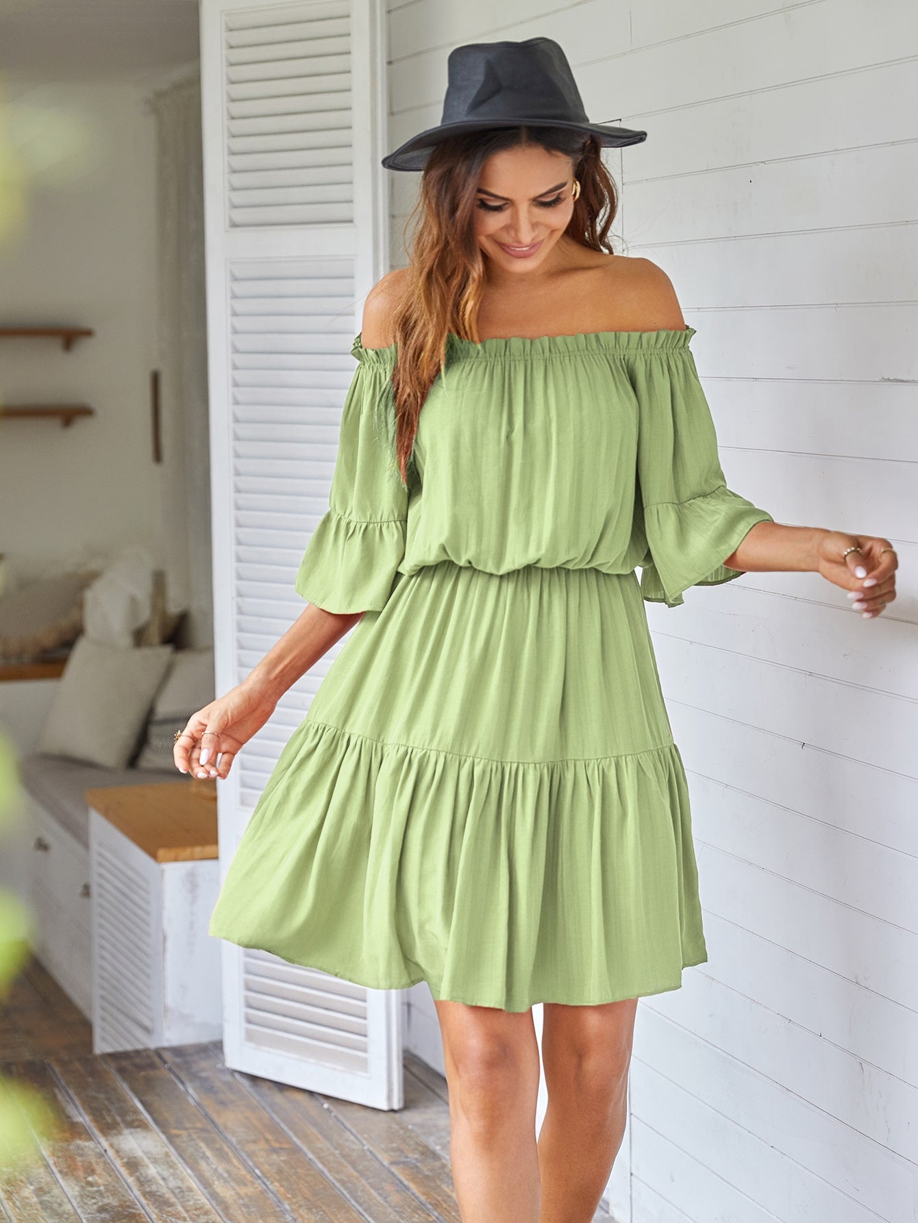 Frill Trim Ruffle Hem Bardot Dress
