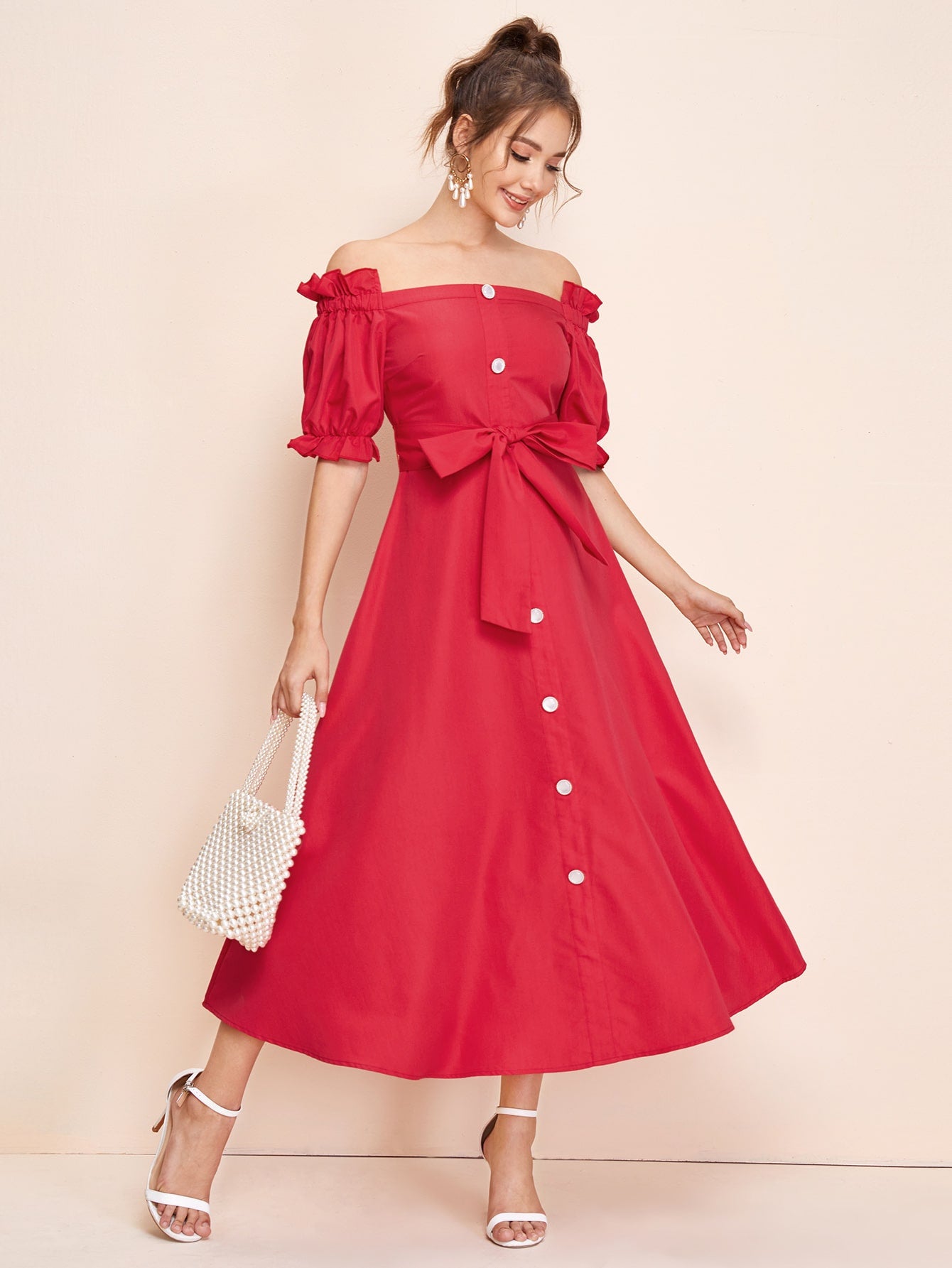 Off Shoulder Ruffle Trim Buttoned Front Belted Dress