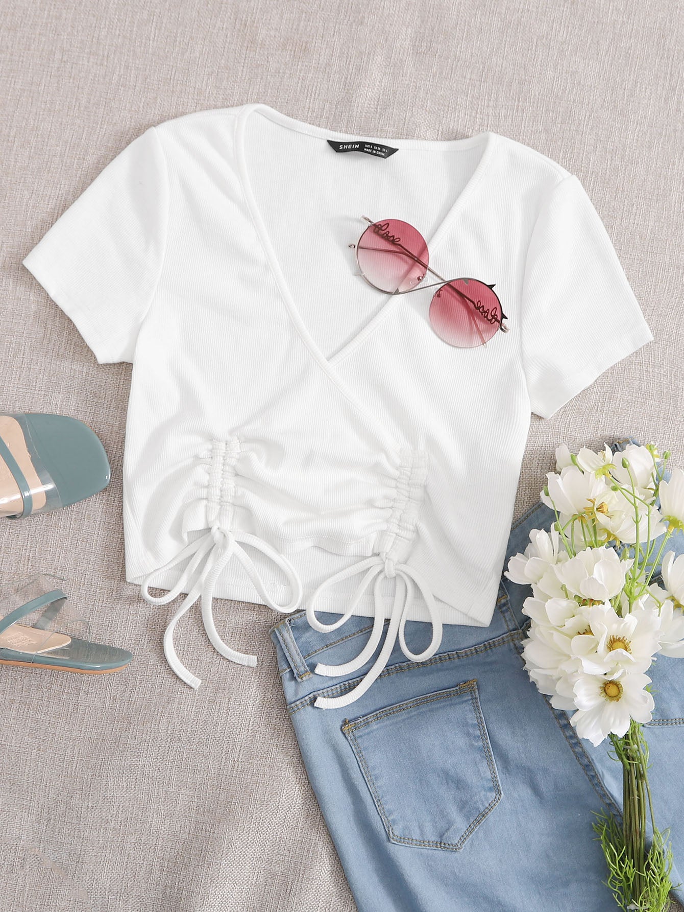 Surplice Neck Drawstring Knot Hem Top