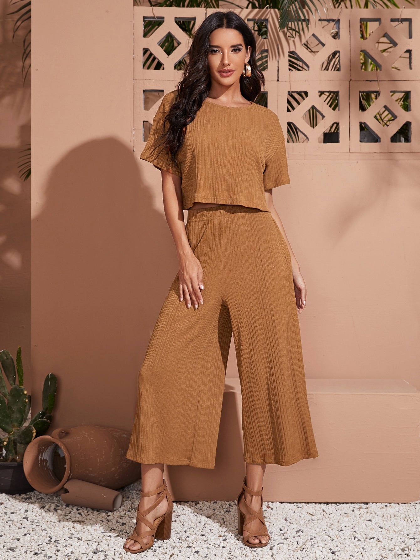 Drop Shoulder Solid Plisse Top & Palazzo Pants Set