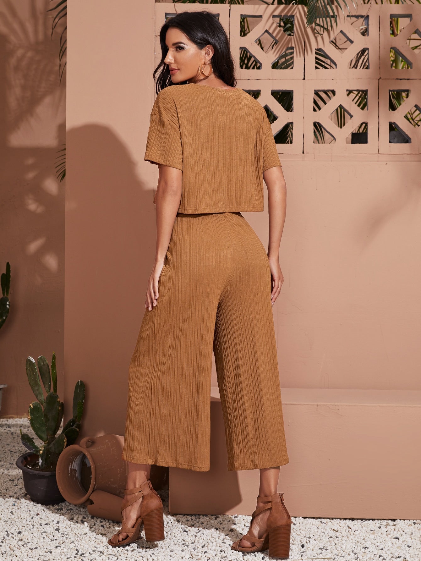 Drop Shoulder Solid Plisse Top & Palazzo Pants Set