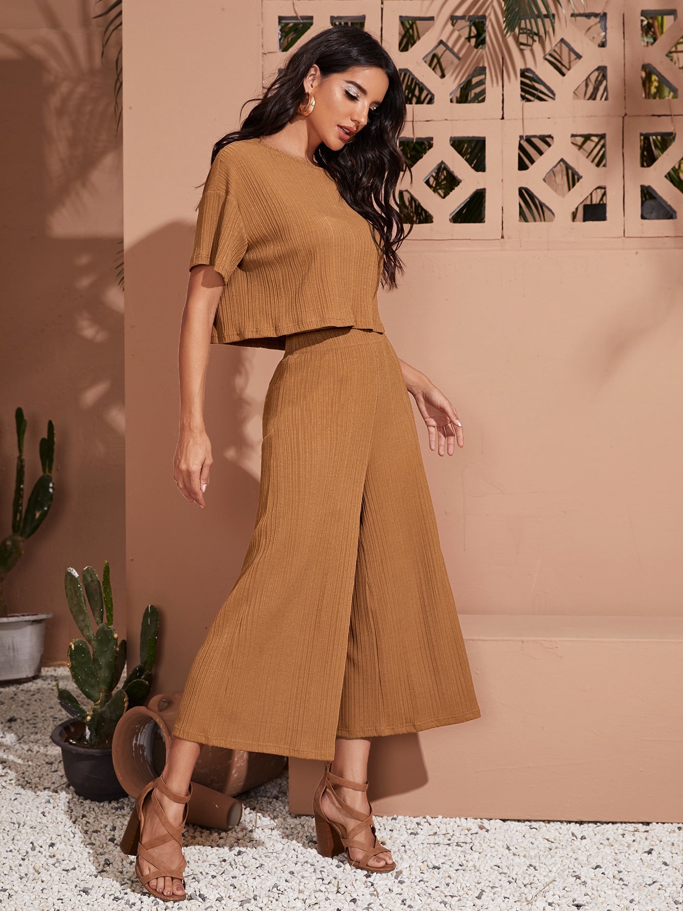 Drop Shoulder Solid Plisse Top & Palazzo Pants Set