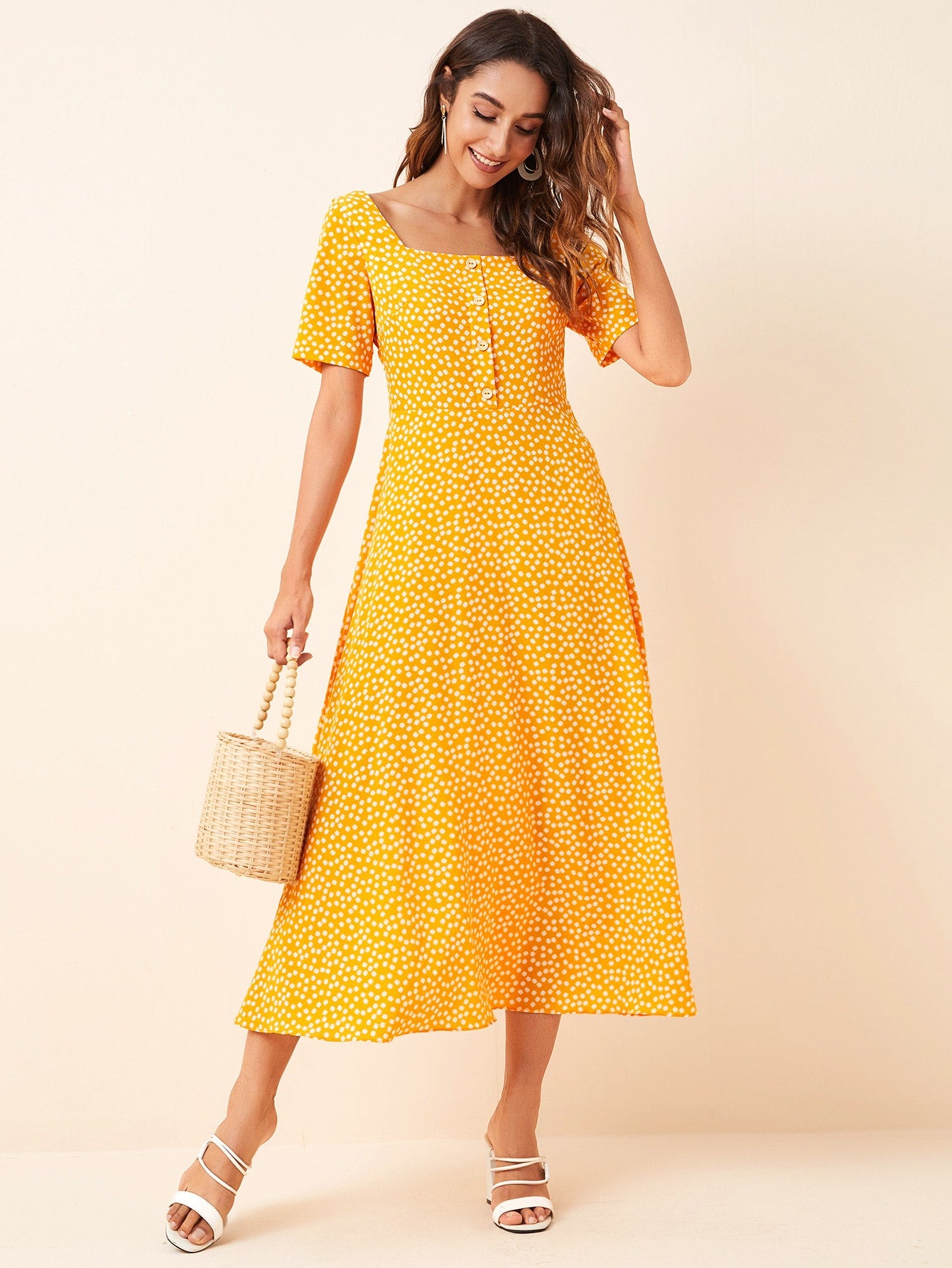 Square Neck Button Front Ditsy Floral Dress