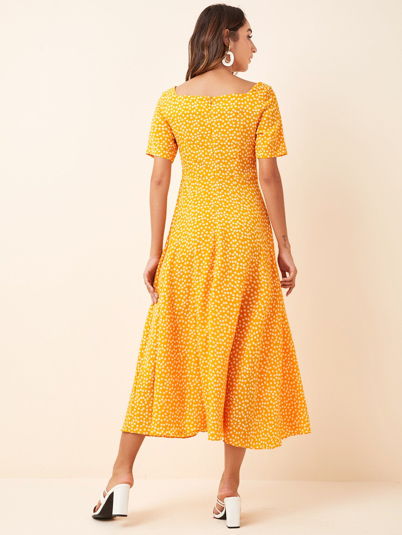 Square Neck Button Front Ditsy Floral Dress