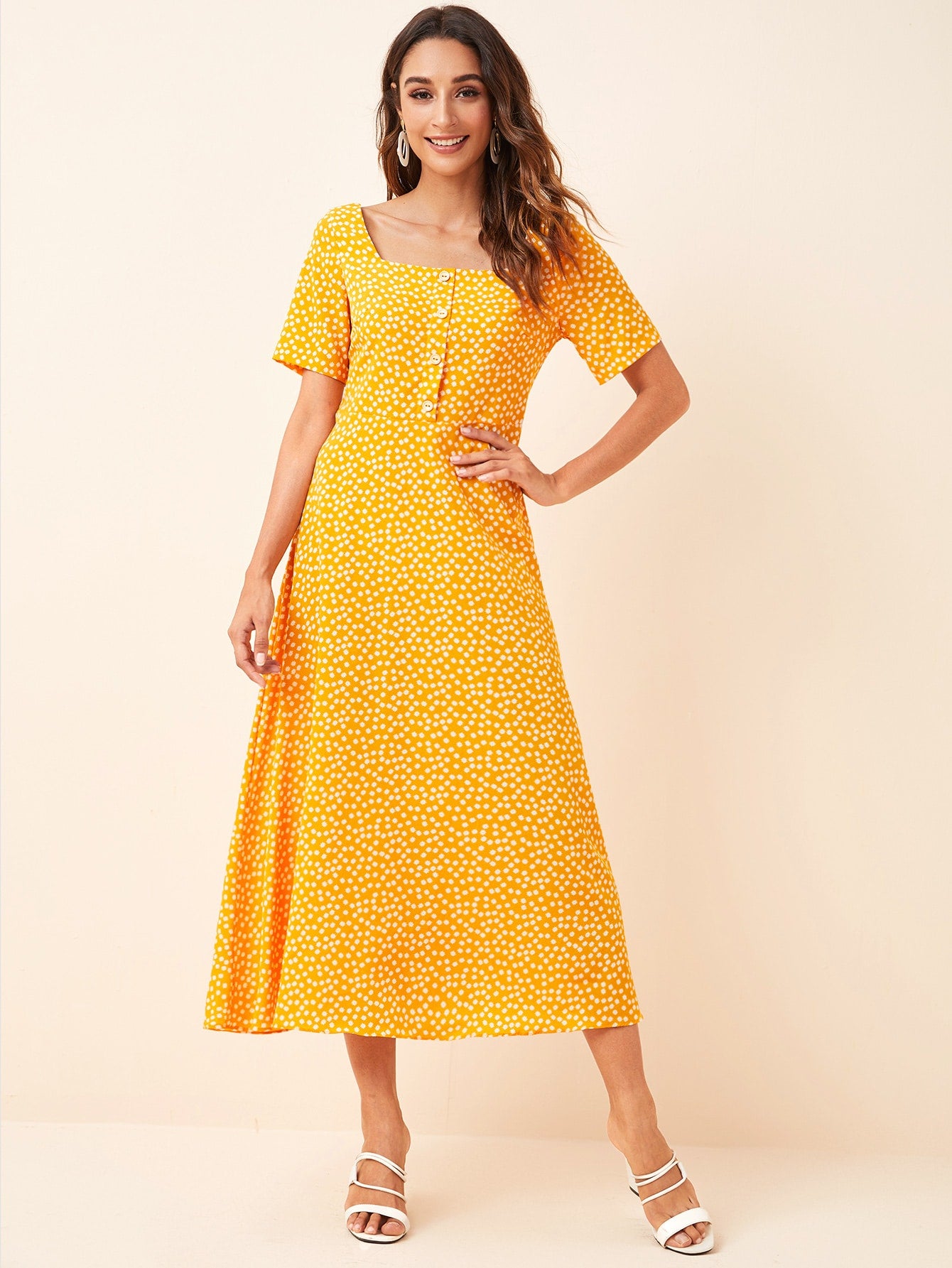 Square Neck Button Front Ditsy Floral Dress