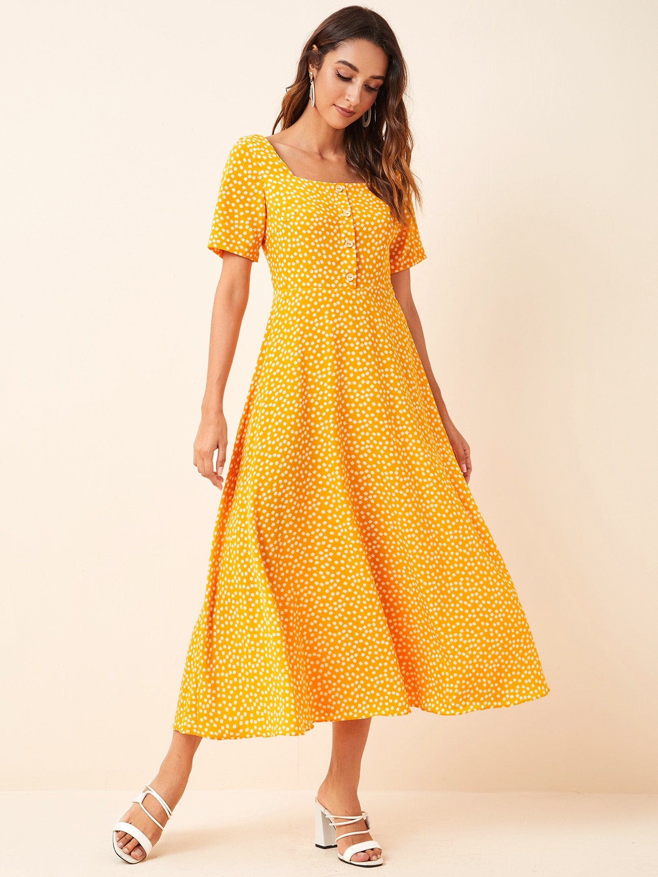 Square Neck Button Front Ditsy Floral Dress