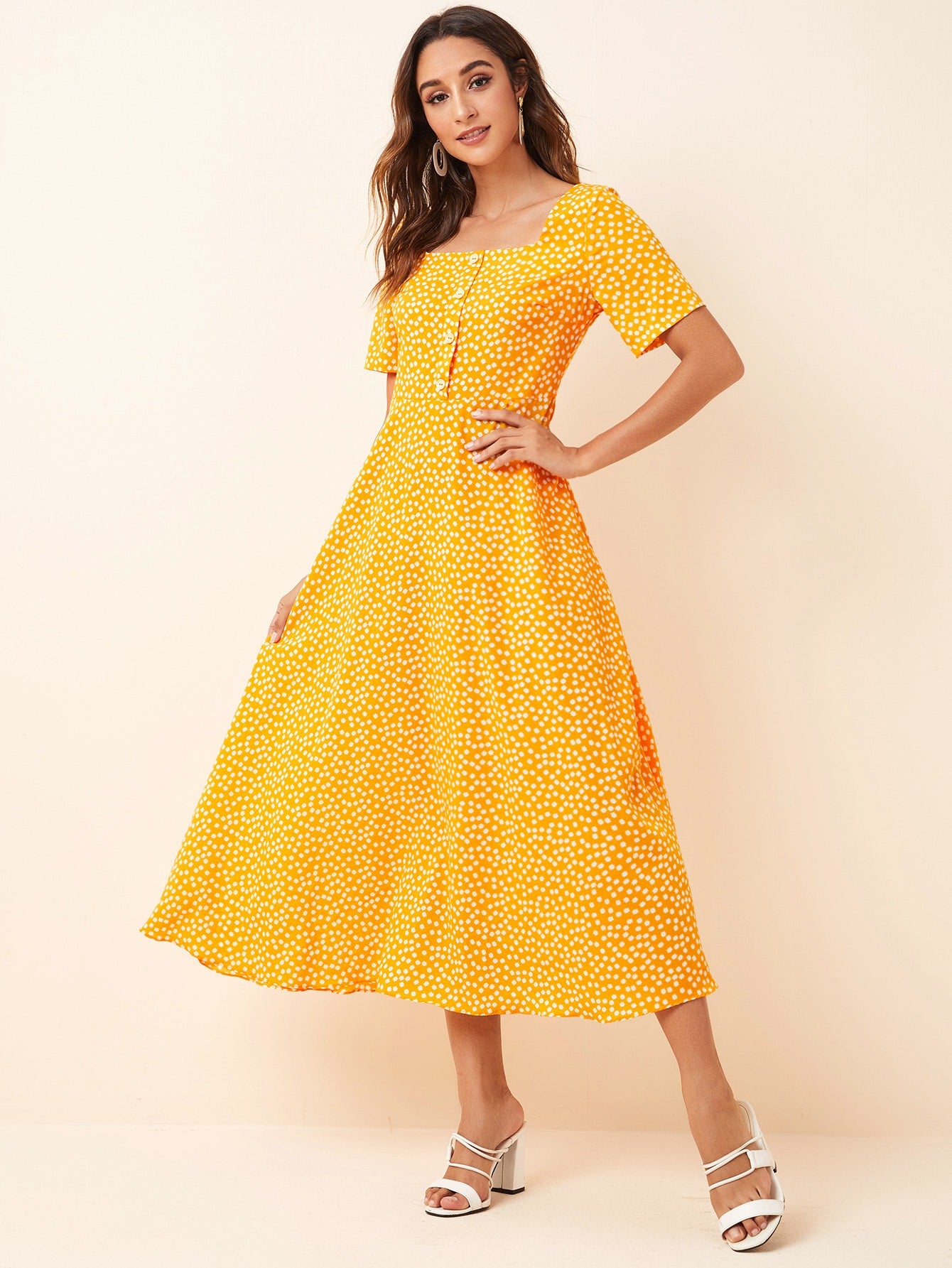Square Neck Button Front Ditsy Floral Dress