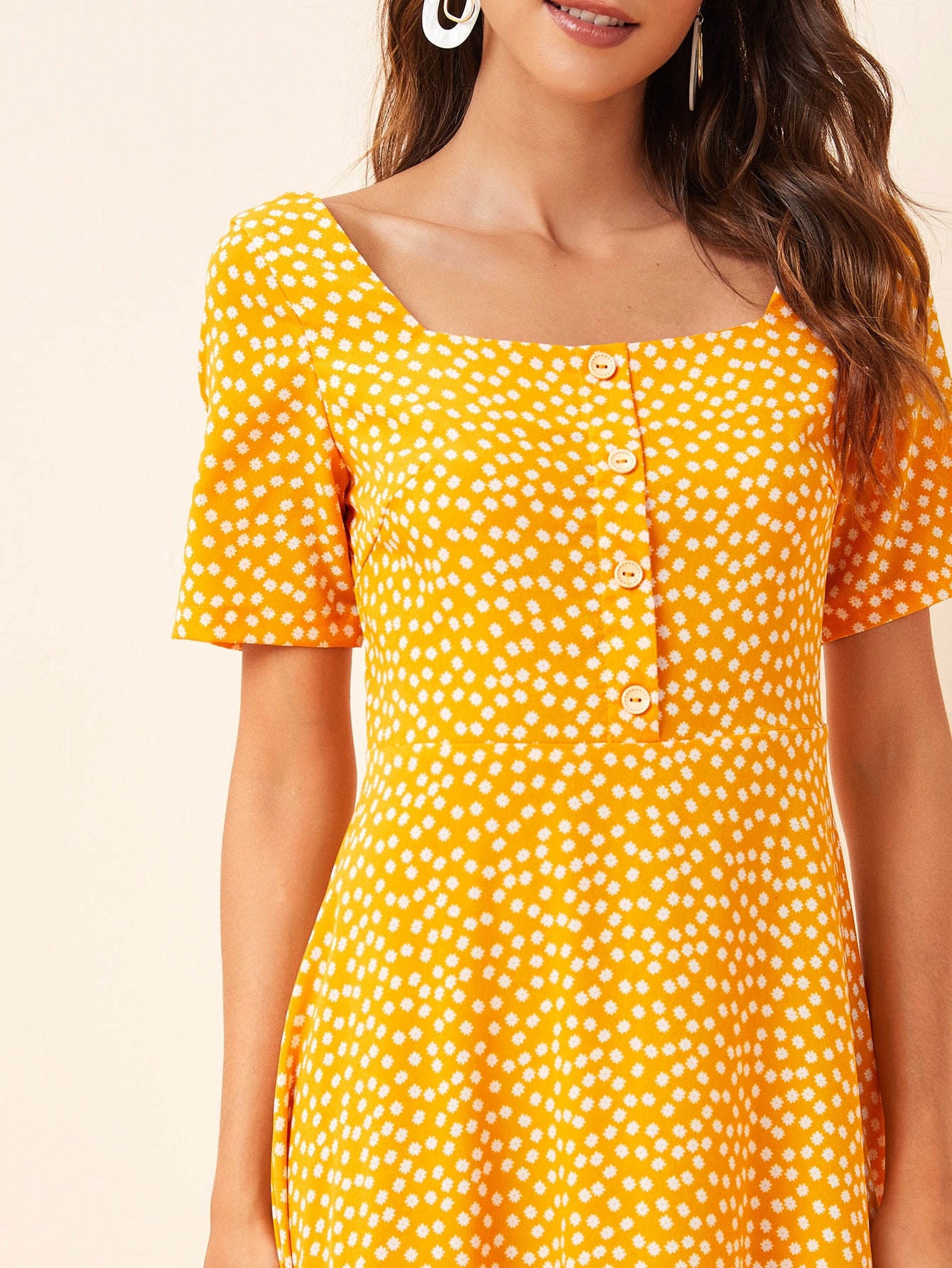 Square Neck Button Front Ditsy Floral Dress