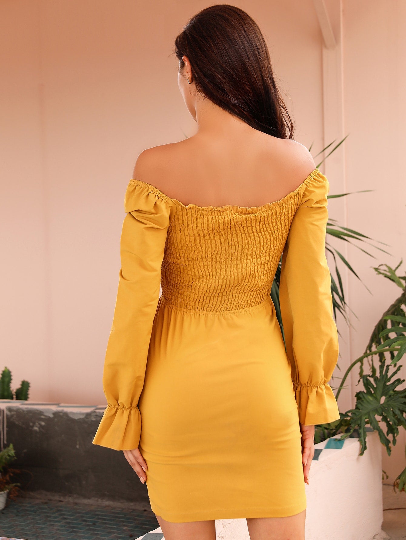 Bardot Shirred Flounce Sleeve Bodycon Dress