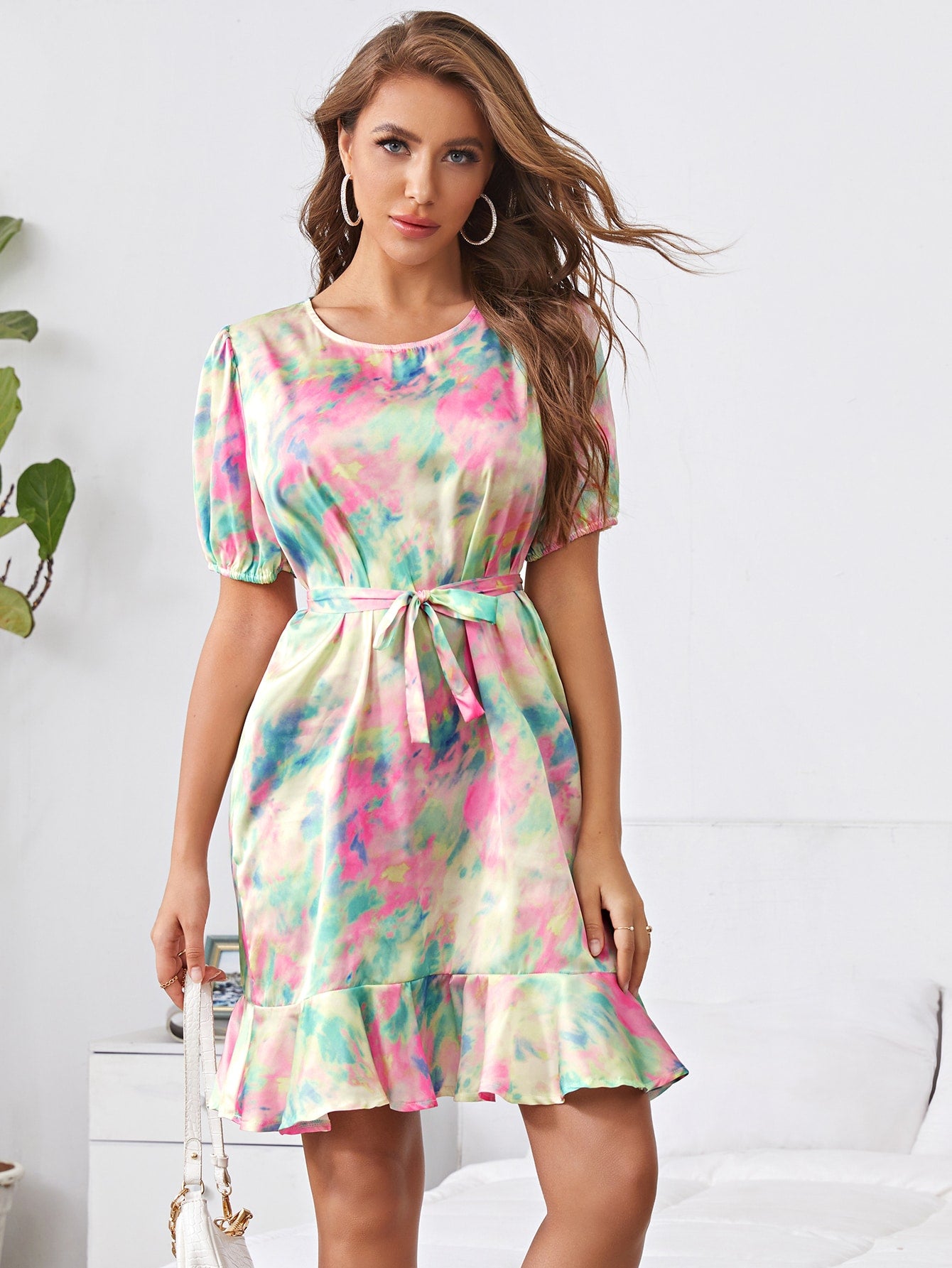Ruffle Hem Puff Sleeve Tie Dye Satin Dress