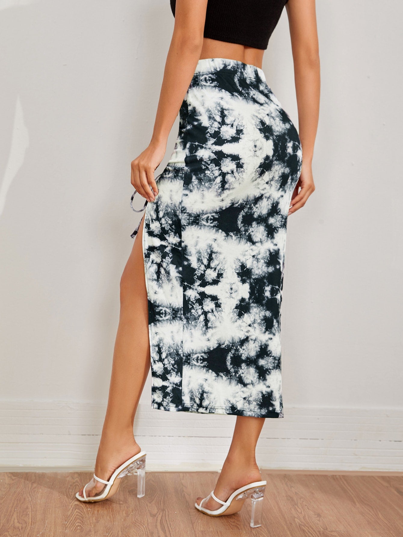 Ruched Drawstring Asymmetrical Hem Tie Dye Skirt