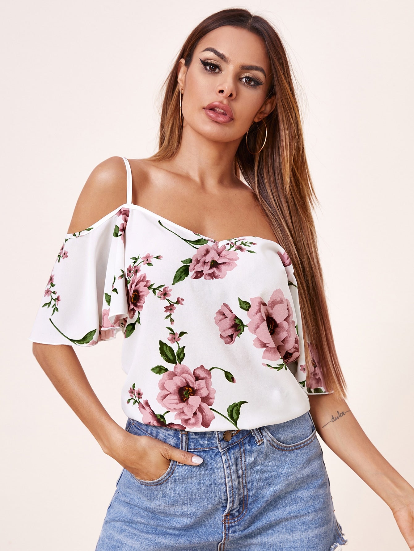 Cold Shoulder Flounce Sleeve Floral Top
