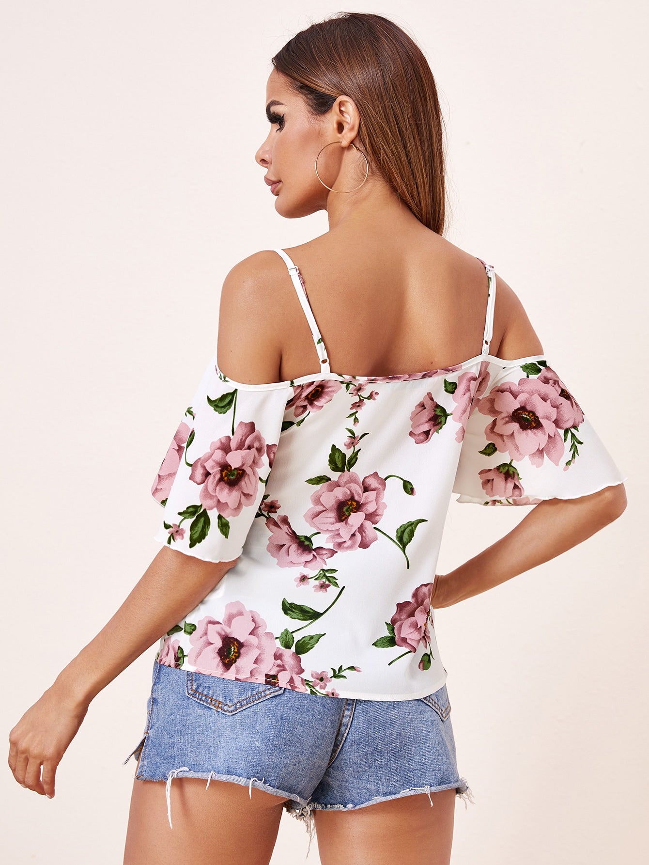 Cold Shoulder Flounce Sleeve Floral Top