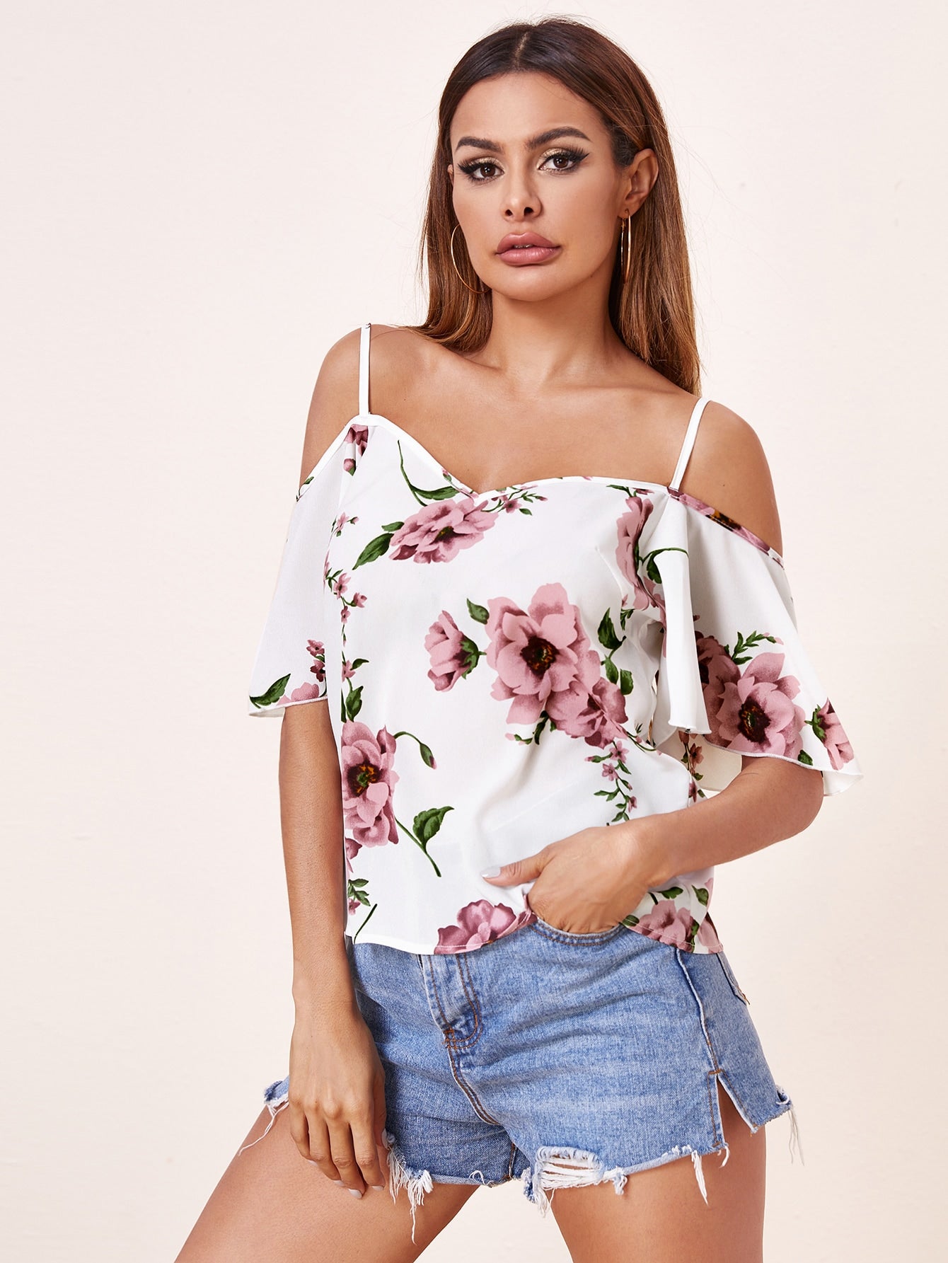 Cold Shoulder Flounce Sleeve Floral Top