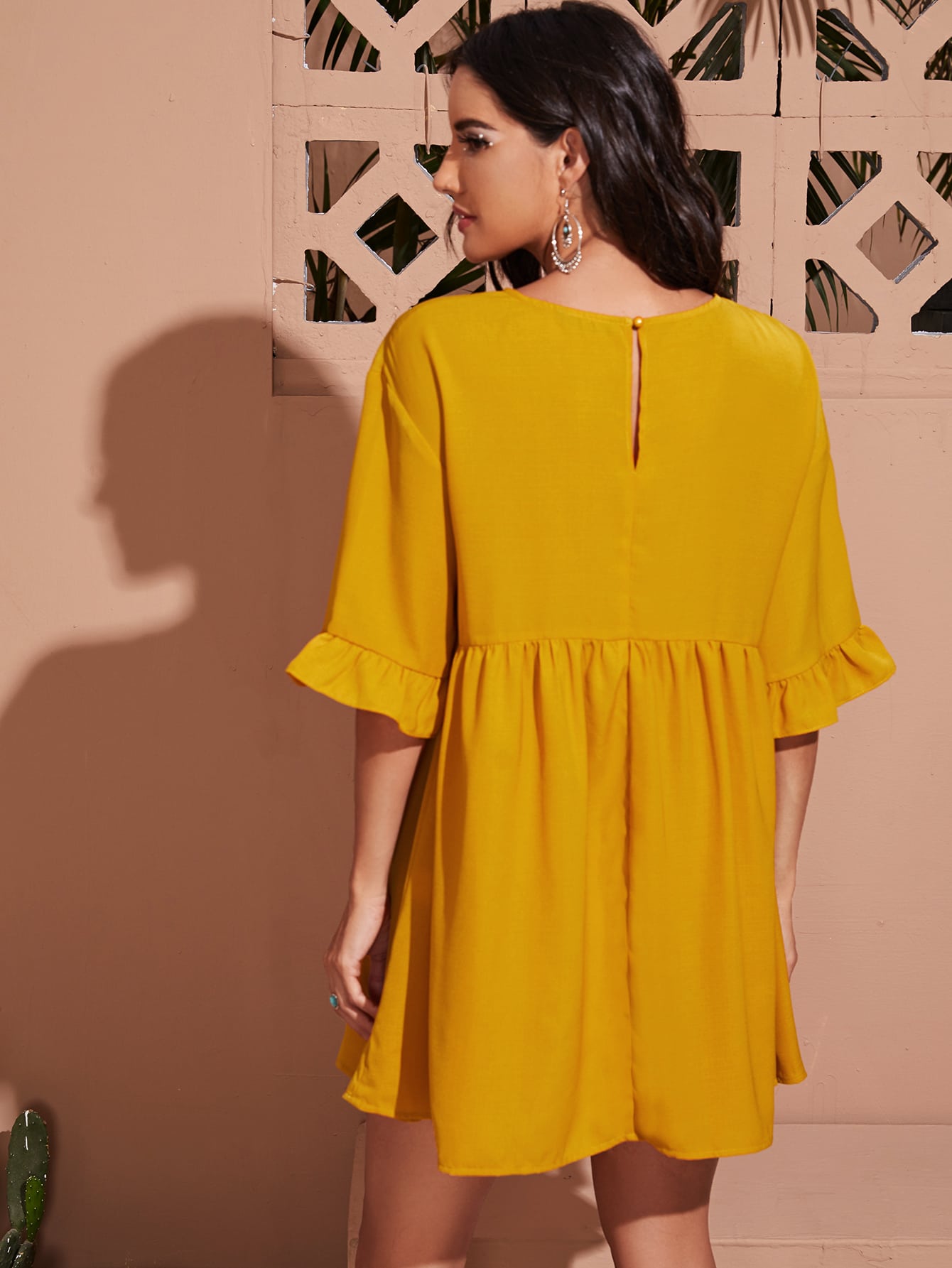 Ruffle Cuff Solid Smock Dress