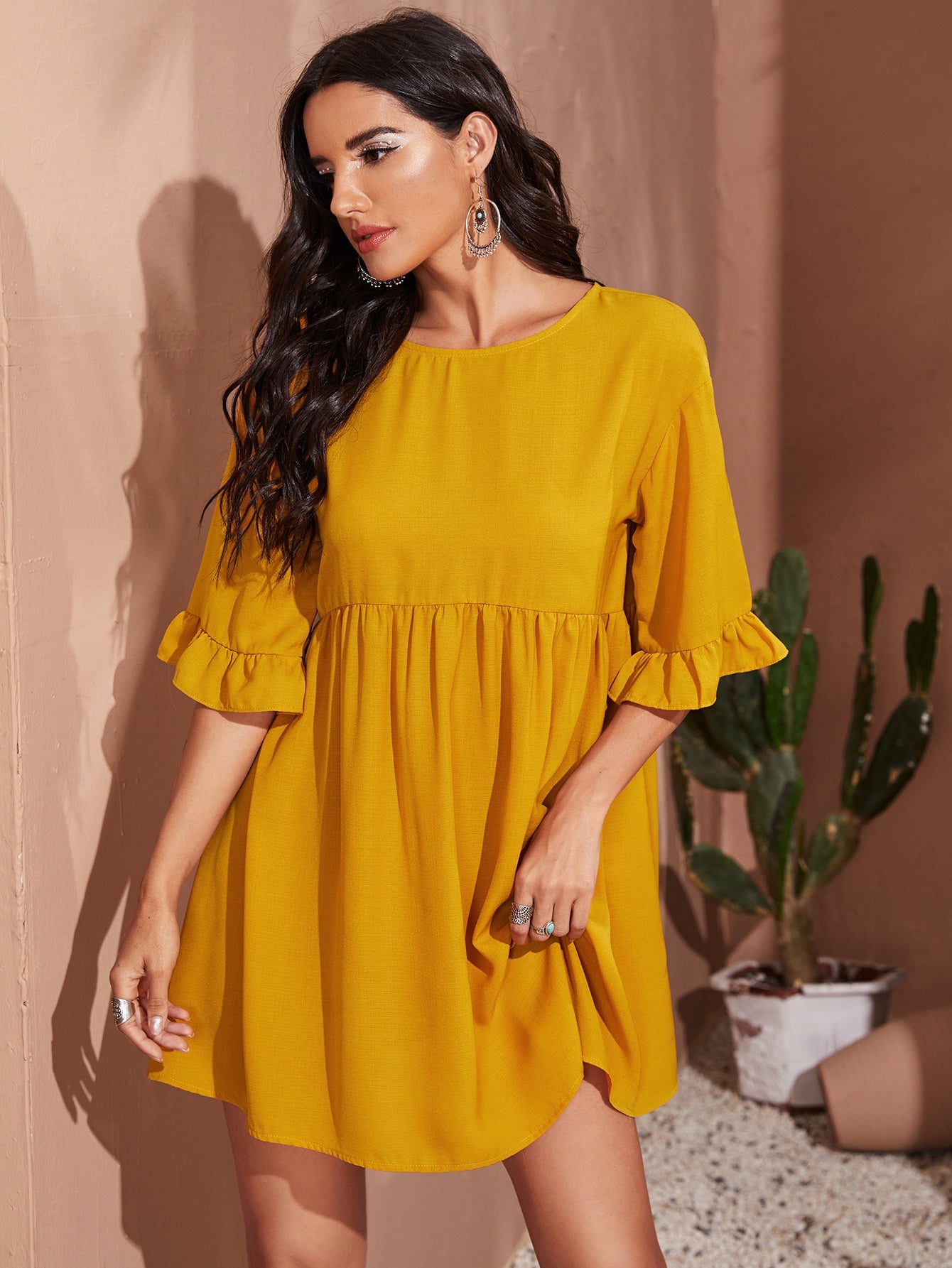 Ruffle Cuff Solid Smock Dress