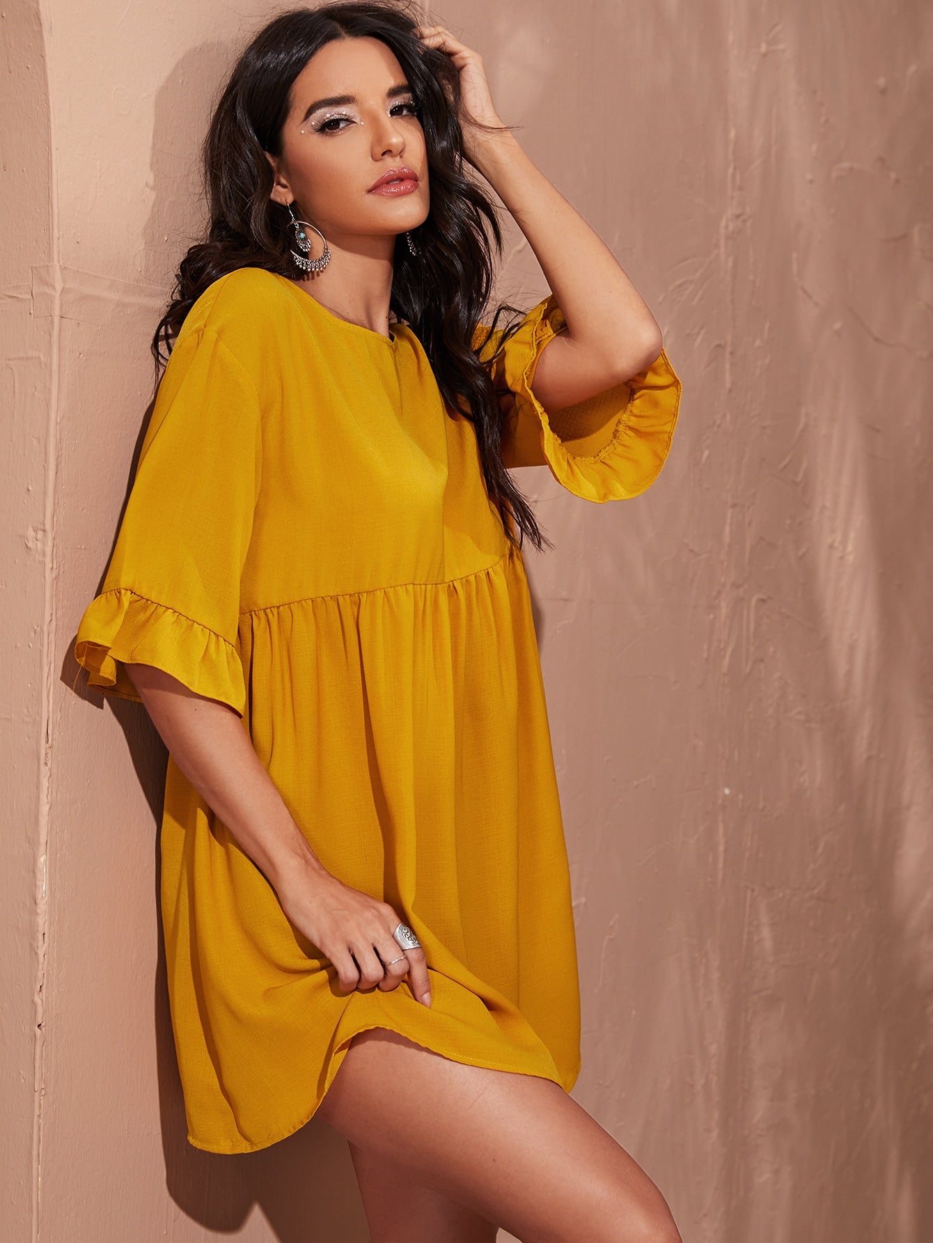 Ruffle Cuff Solid Smock Dress