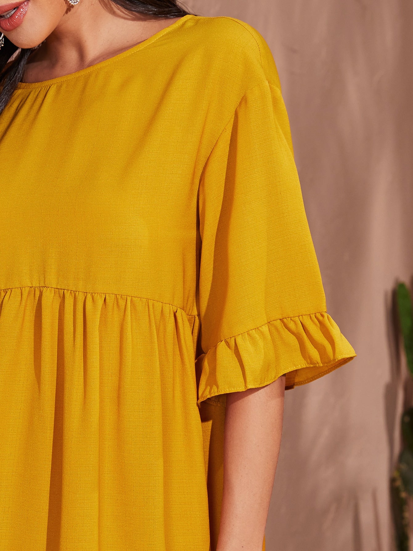 Ruffle Cuff Solid Smock Dress