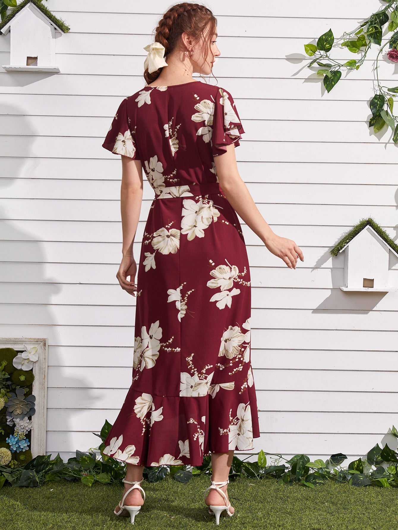 Floral Print Ruffle Hem Belted Dress