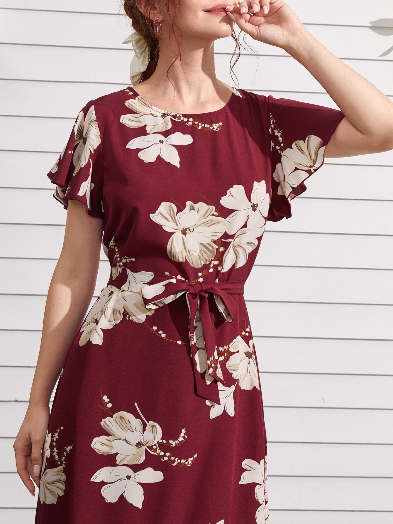 Floral Print Ruffle Hem Belted Dress