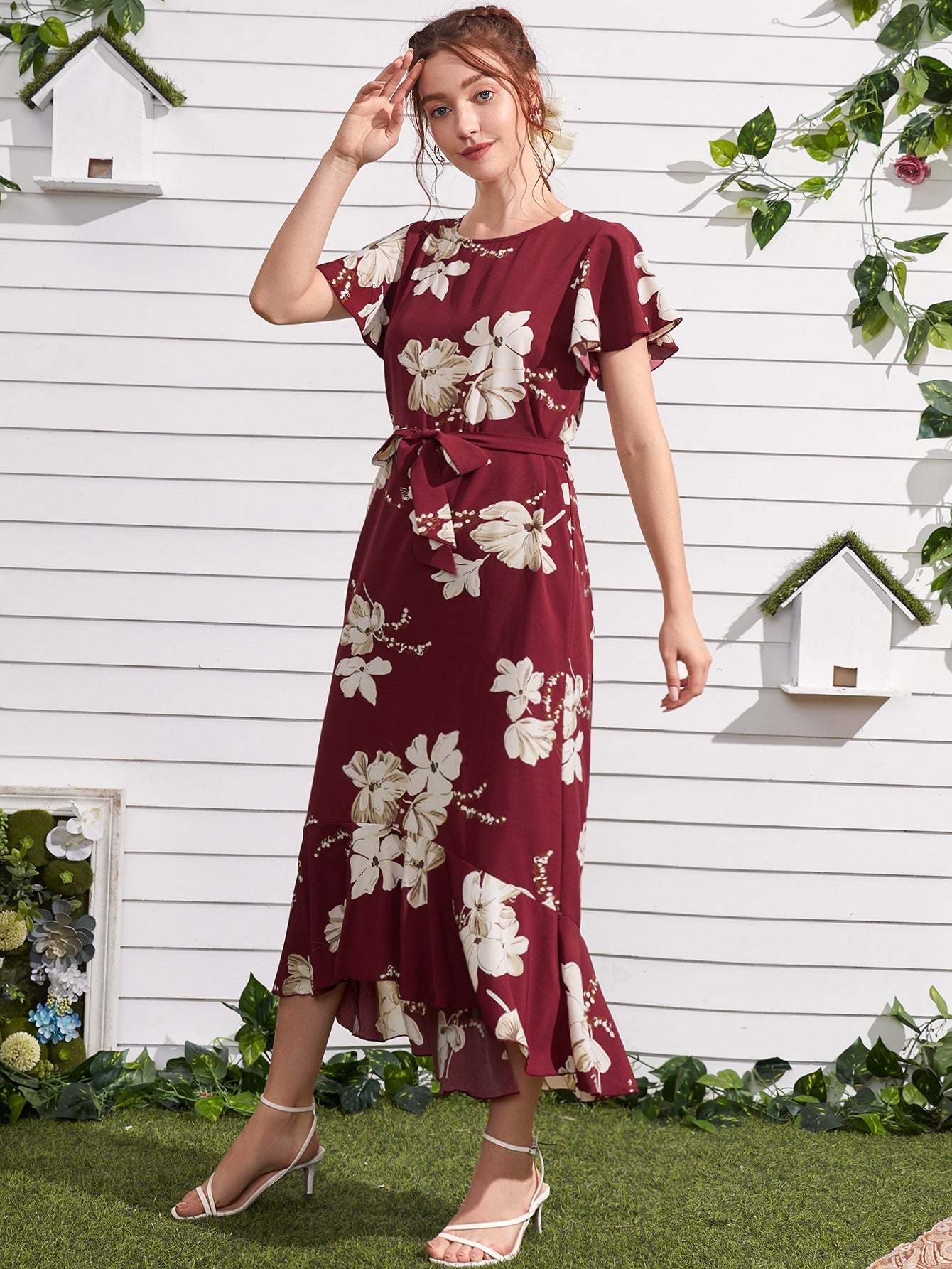 Floral Print Ruffle Hem Belted Dress