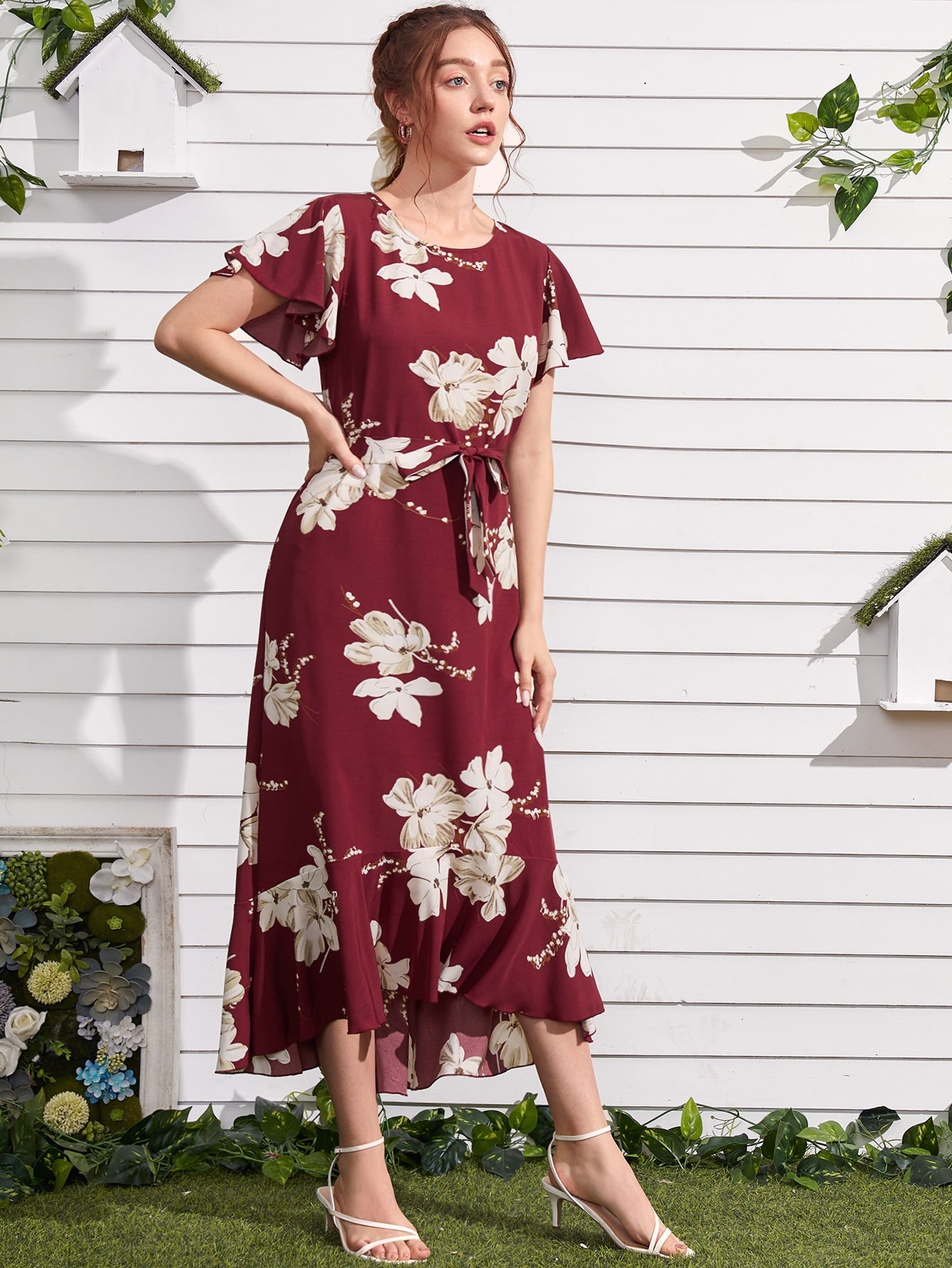 Floral Print Ruffle Hem Belted Dress