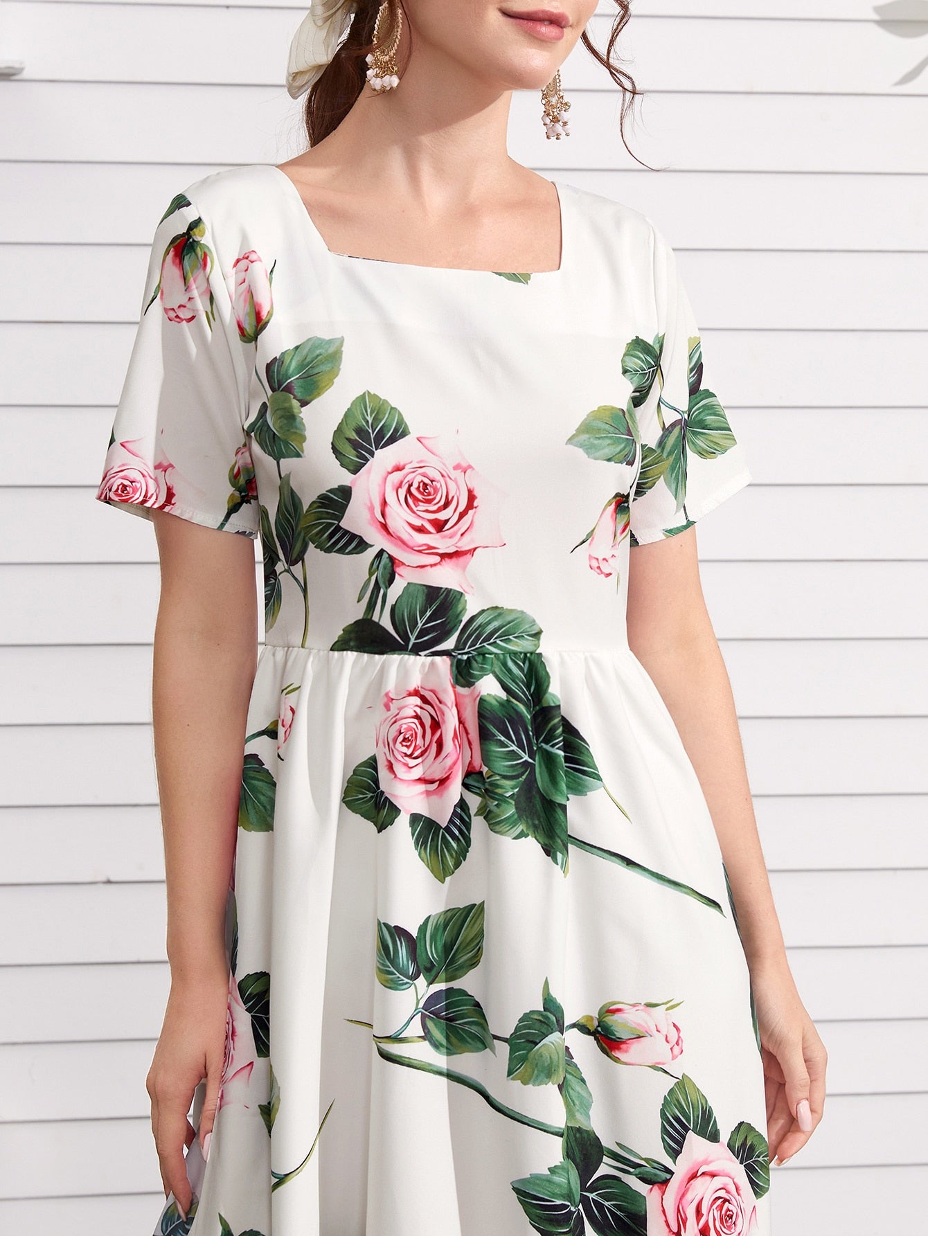 Floral Square Neck A-line Dress