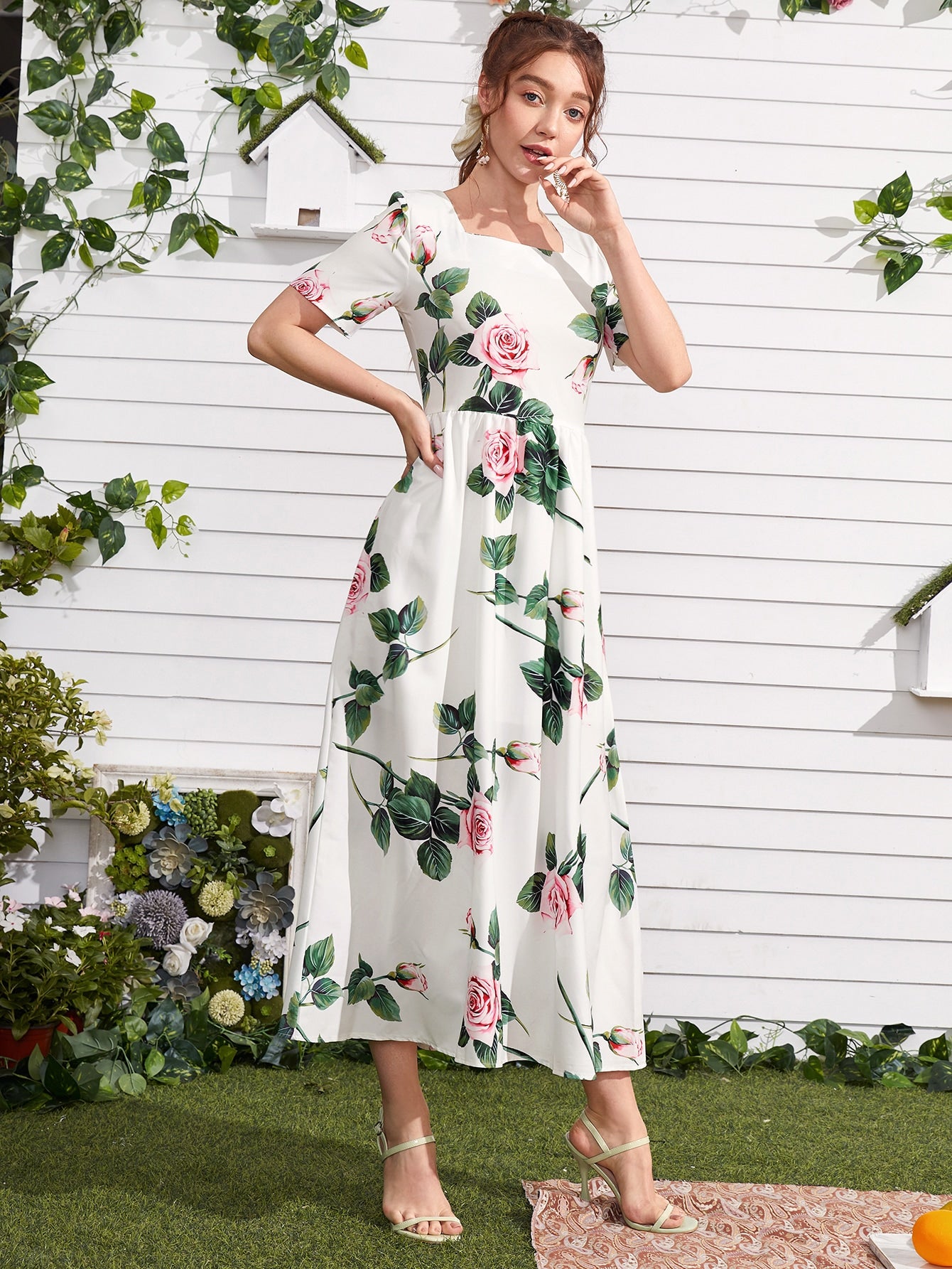 Floral Square Neck A-line Dress
