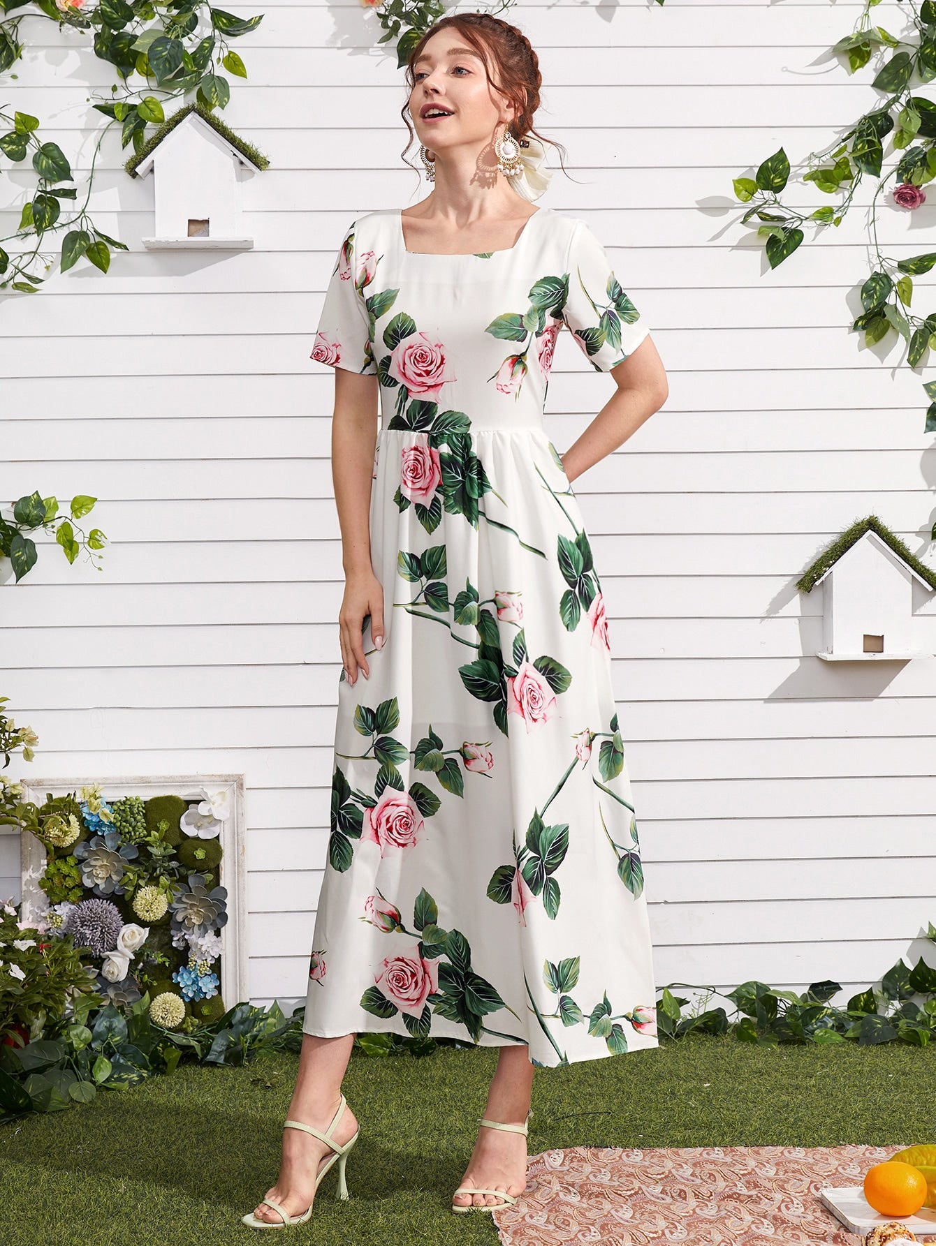 Floral Square Neck A-line Dress
