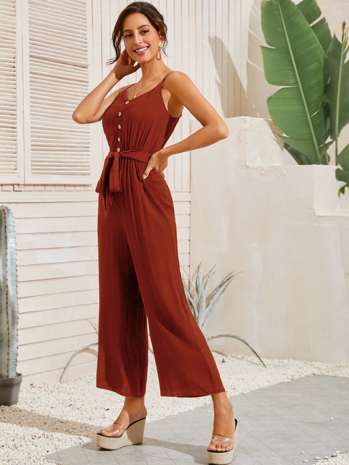 Button Front Self Belted Wide Leg Cami Jumpsuit