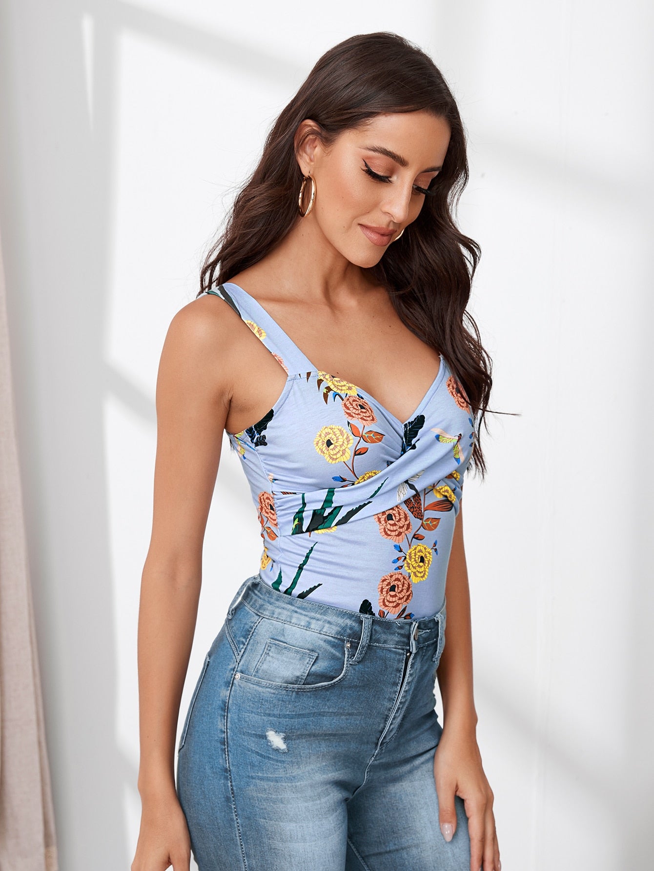 Cross Wrap Front Floral Cami Top