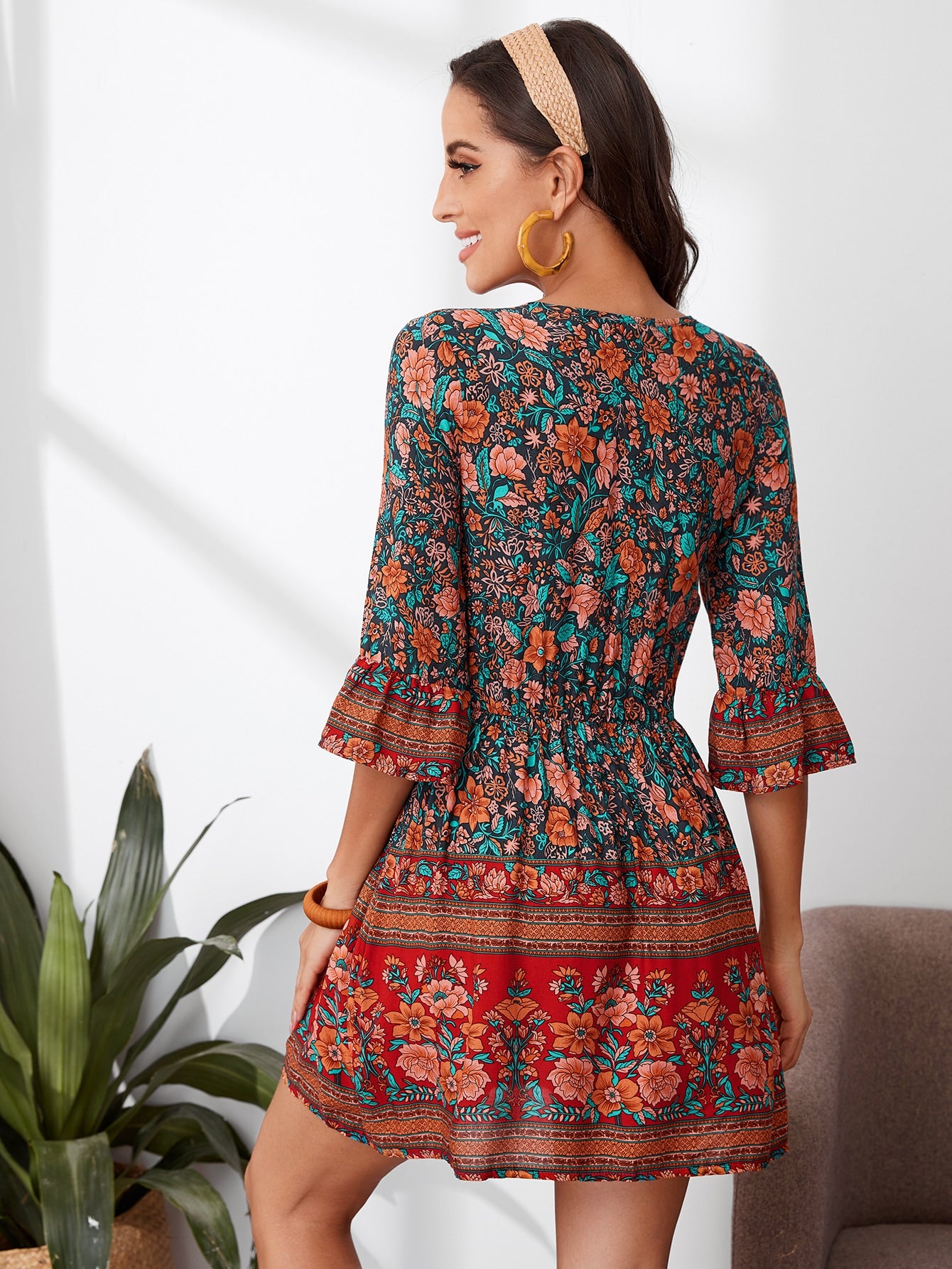 Tribal Floral Flounce Sleeve Half Button Flare Dress