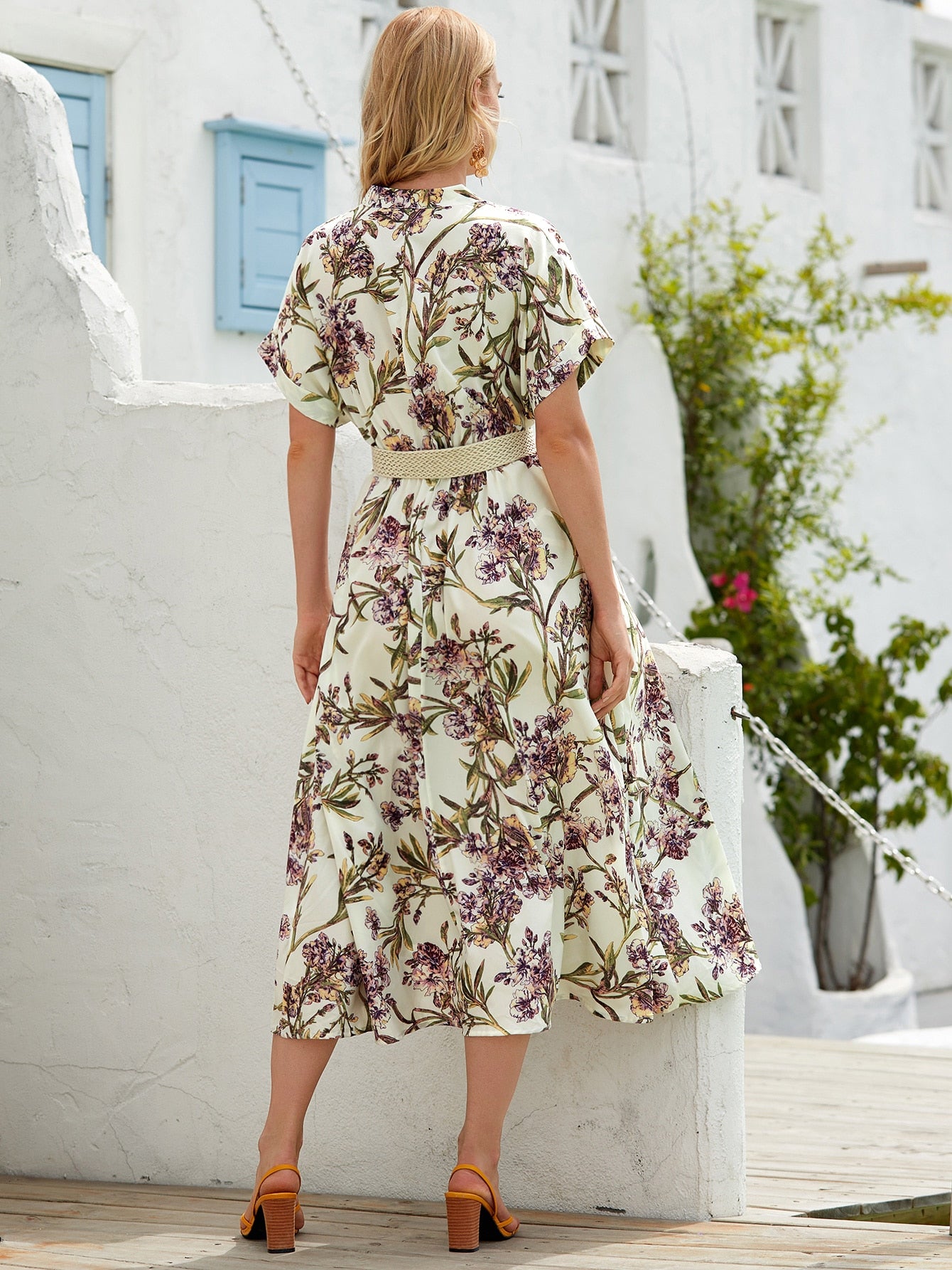 Allover Floral Button Up Belted Dress