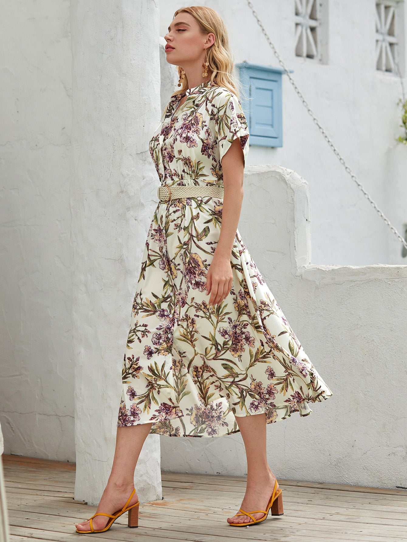 Allover Floral Button Up Belted Dress