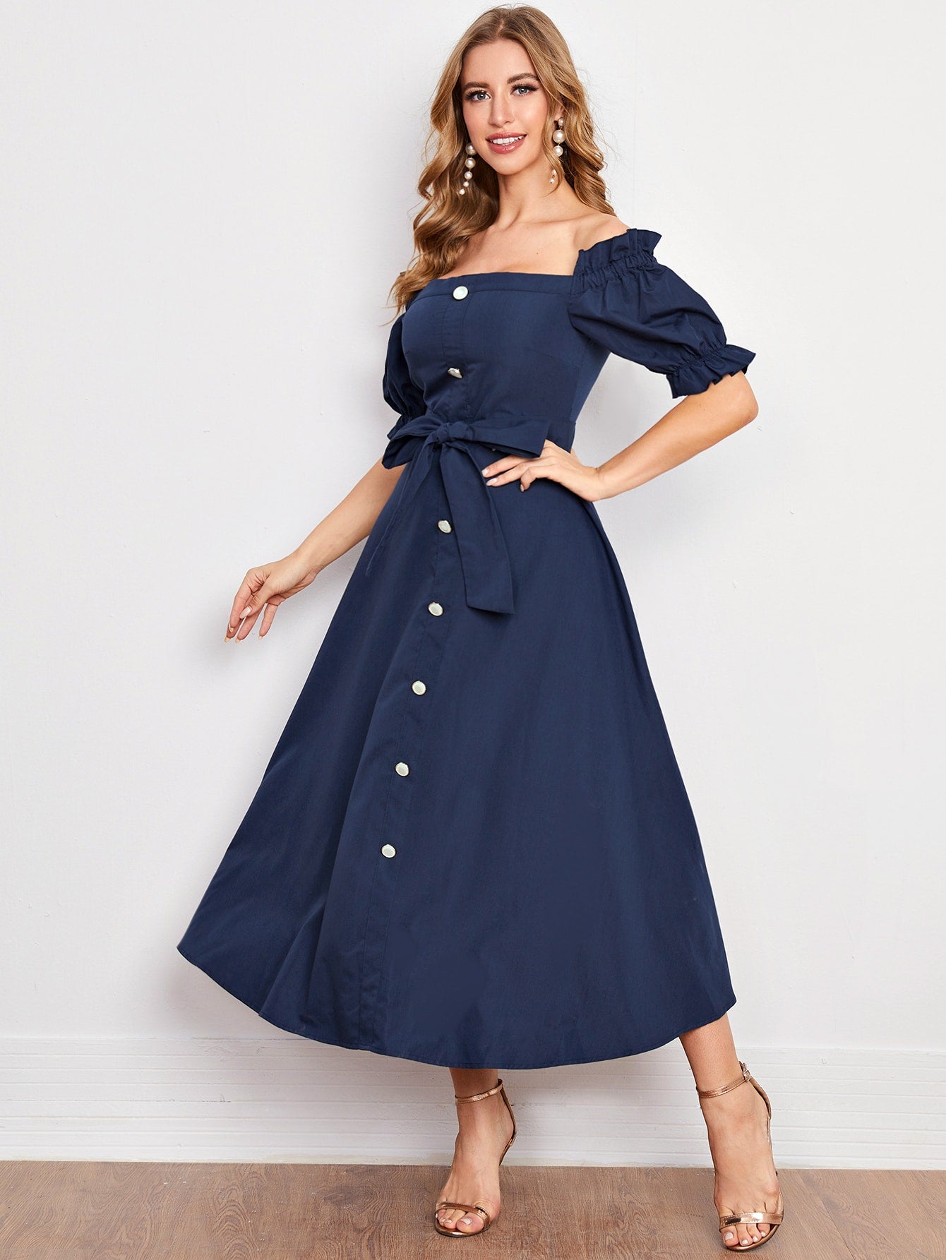 Off Shoulder Ruffle Trim Buttoned Front Belted Dress