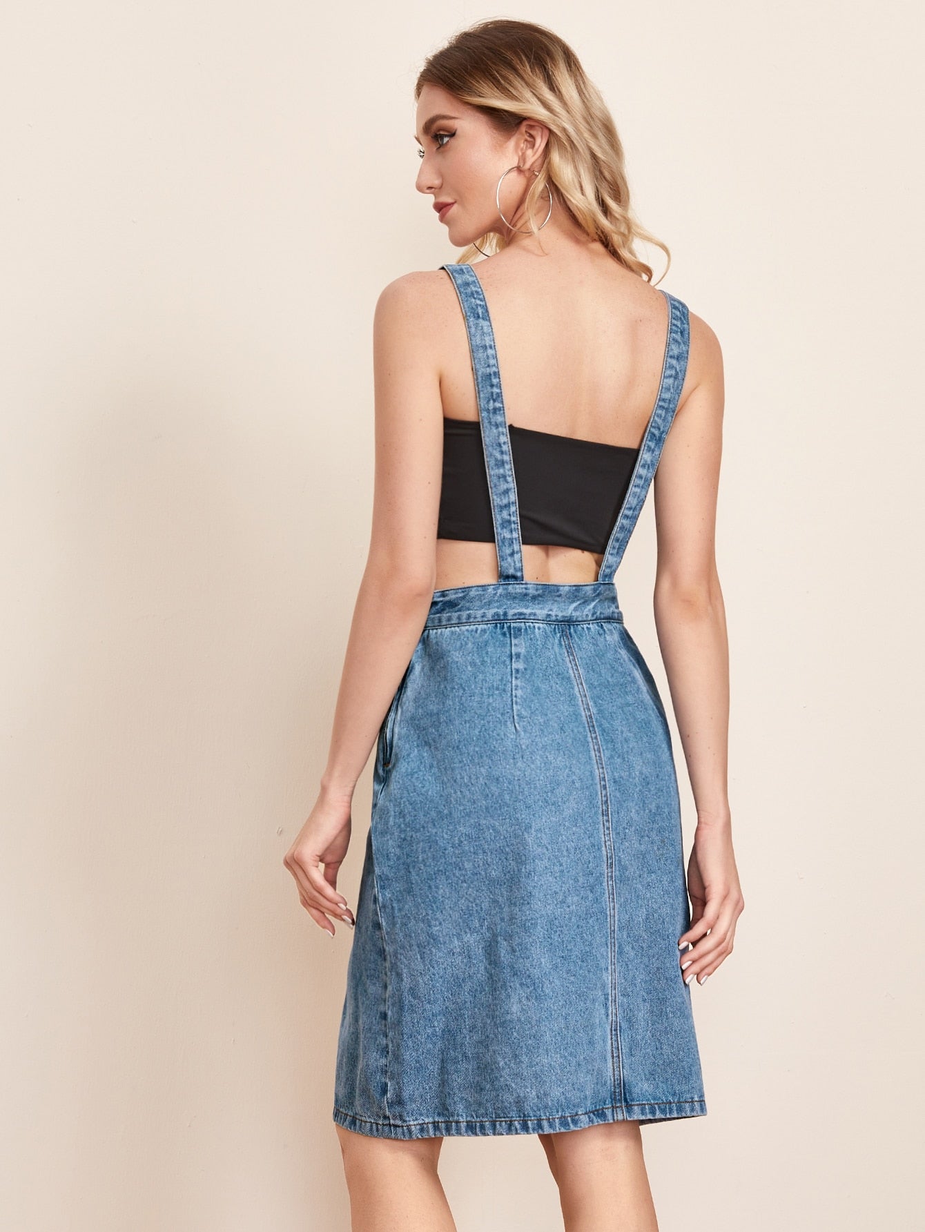 Button Front Denim Overall Dress