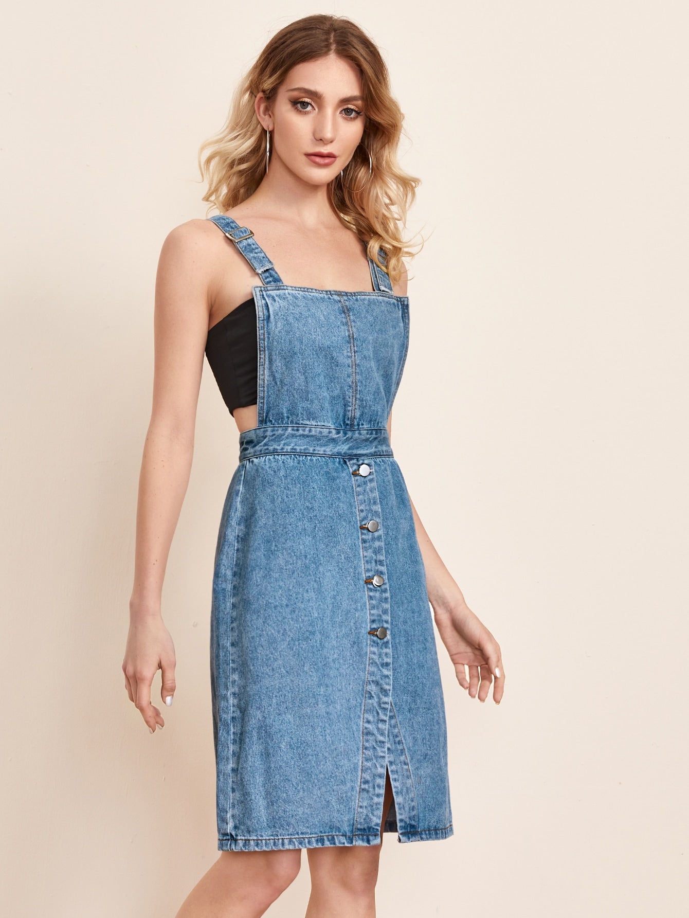 Button Front Denim Overall Dress