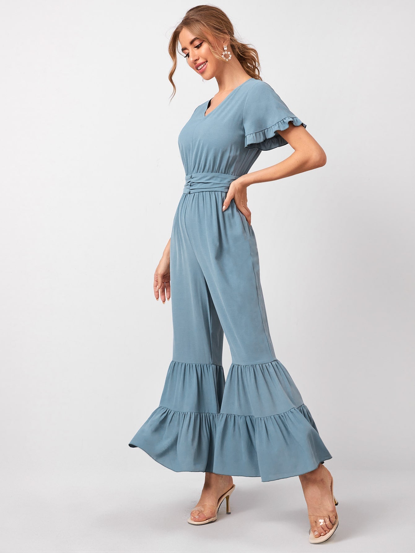 Flounce Hem Button Waist Jumpsuit