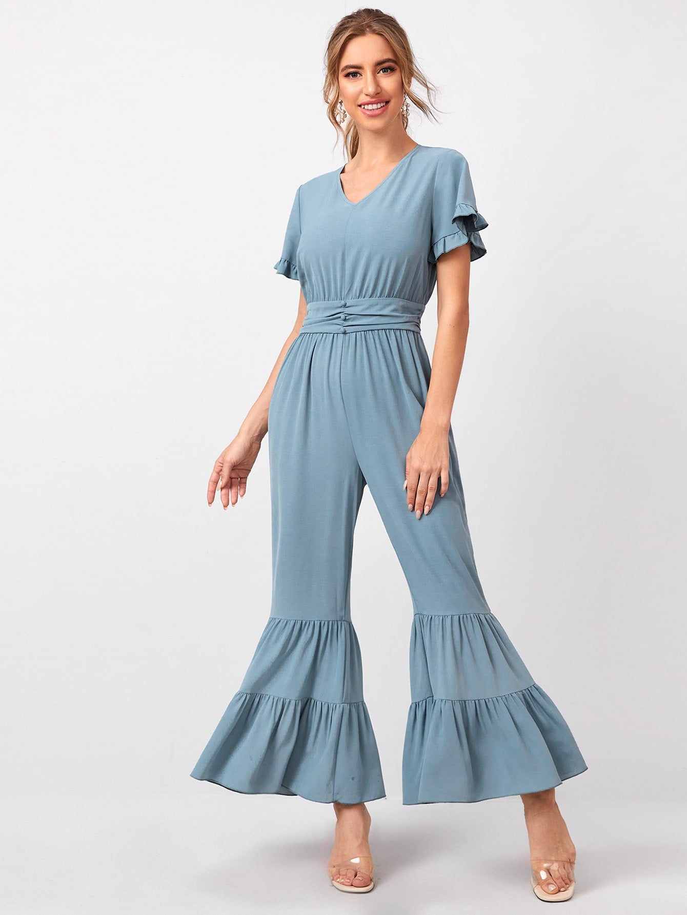 Flounce Hem Button Waist Jumpsuit