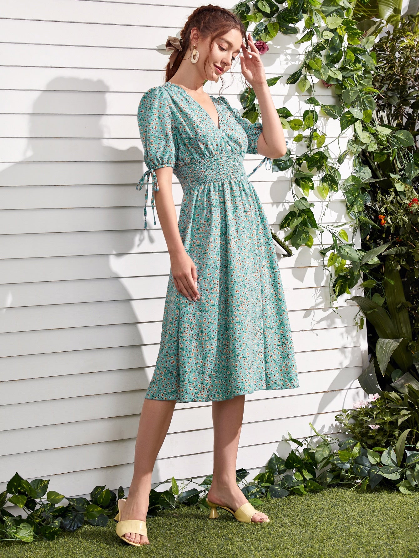 Ditsy Floral Knot Cuff Button Front Shirred Waist Dress