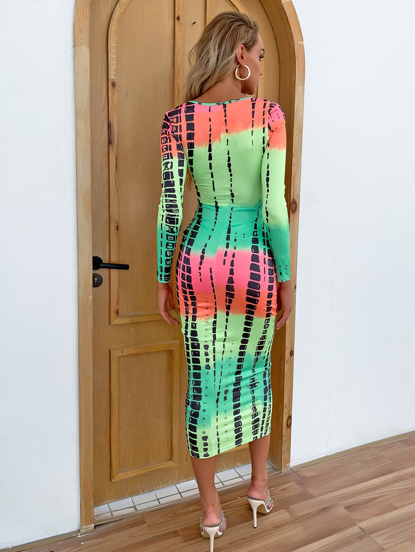 Brush Stroke Print Tie Waist Bodycon Dress