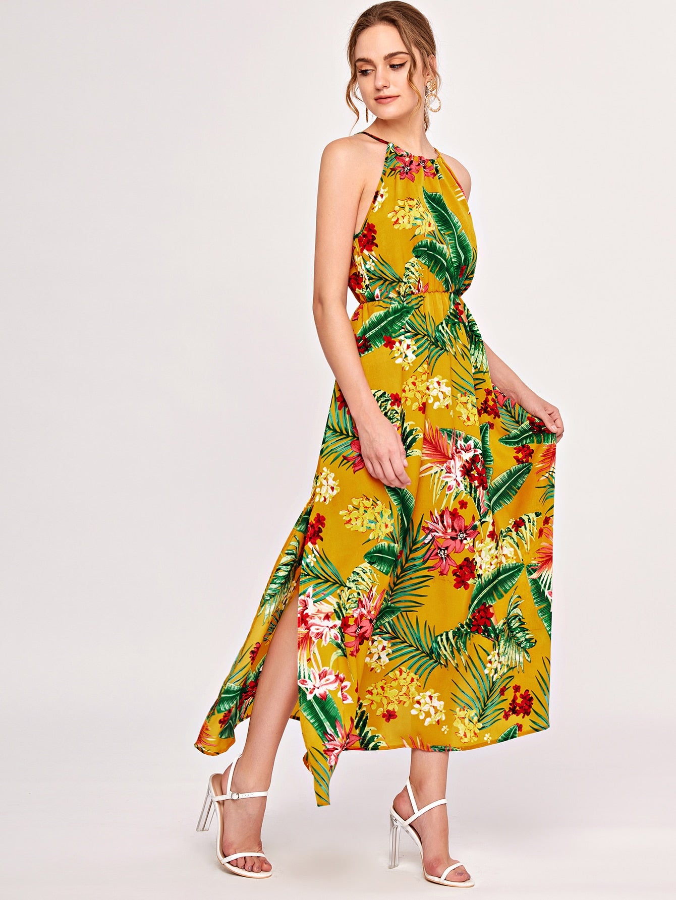 Tropical & Floral Print Slit Hem Dress