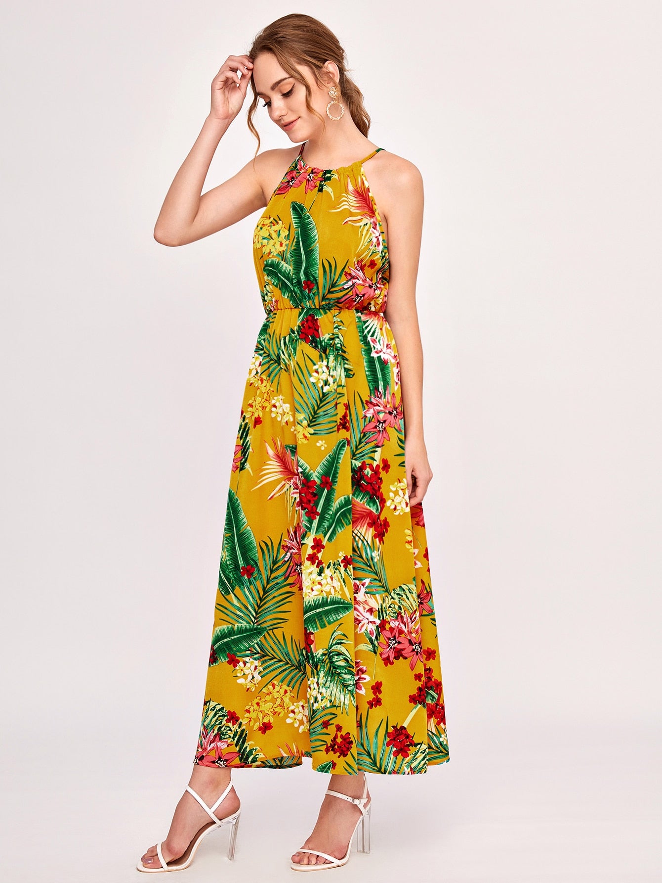 Tropical & Floral Print Slit Hem Dress
