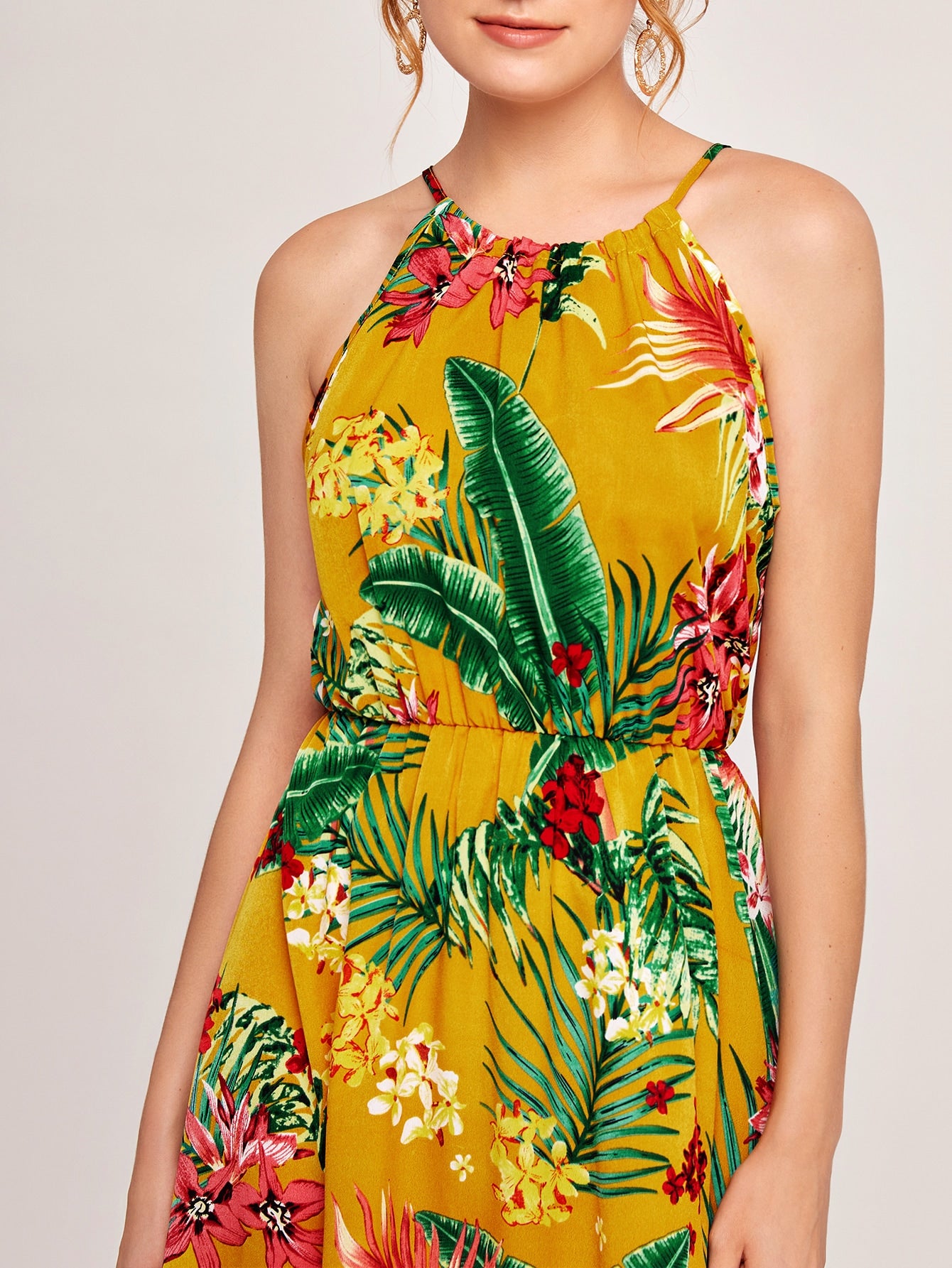 Tropical & Floral Print Slit Hem Dress