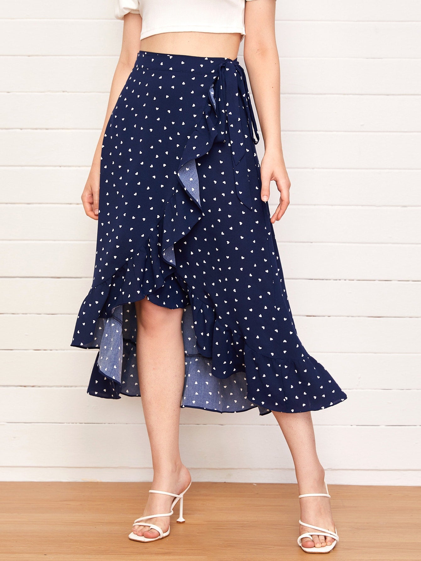 Ruffle Trim Wrap Tie Side Allover Heart Print Skirt