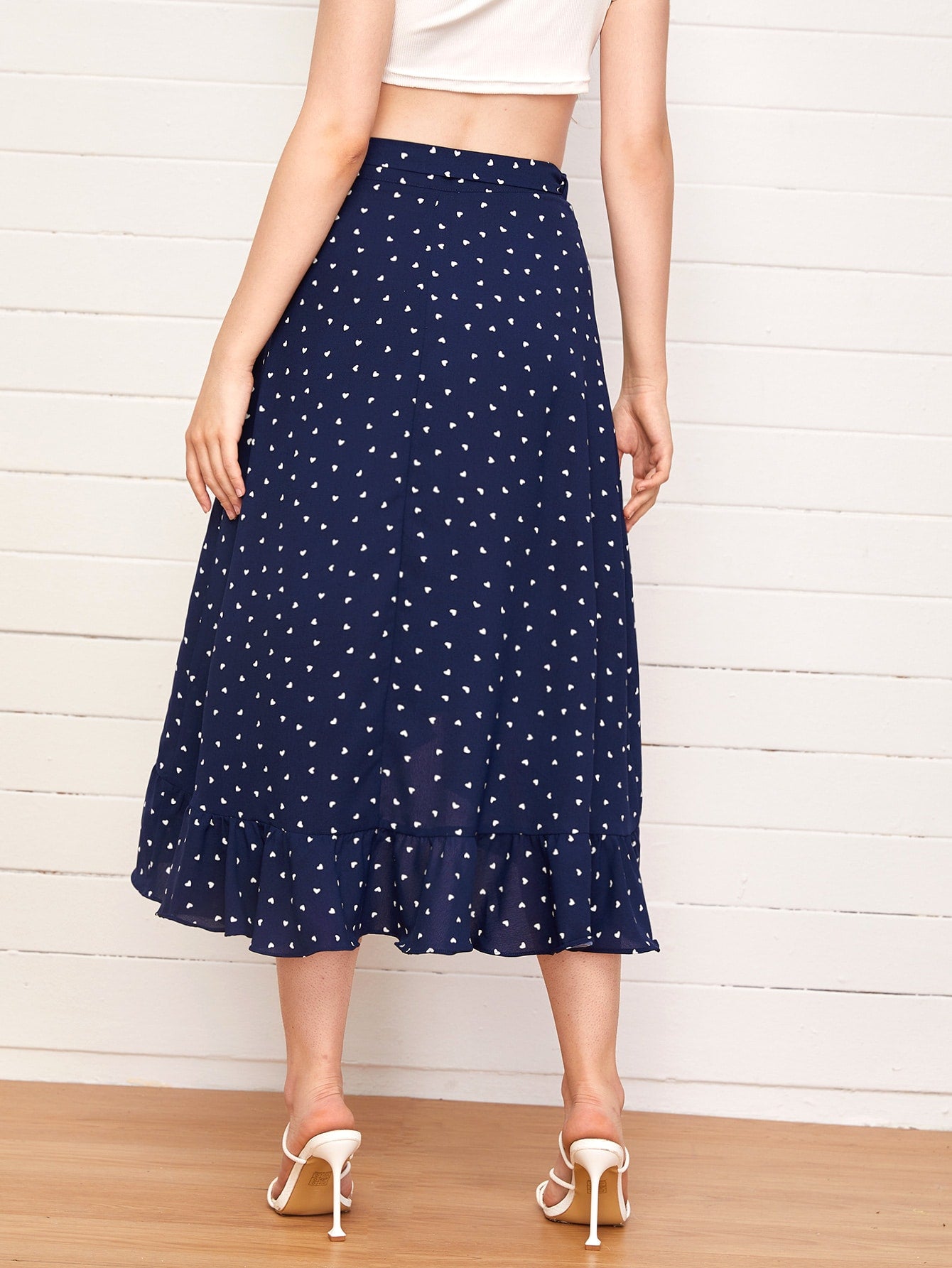 Ruffle Trim Wrap Tie Side Allover Heart Print Skirt