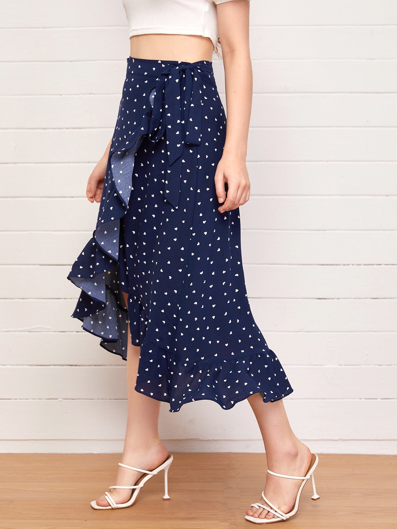 Ruffle Trim Wrap Tie Side Allover Heart Print Skirt