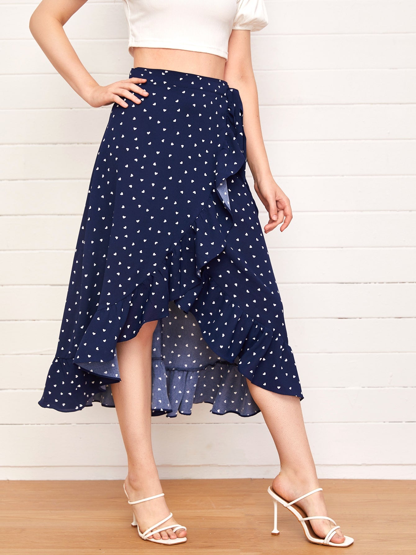 Ruffle Trim Wrap Tie Side Allover Heart Print Skirt