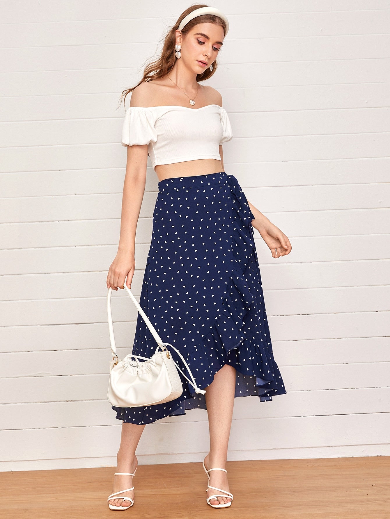 Ruffle Trim Wrap Tie Side Allover Heart Print Skirt
