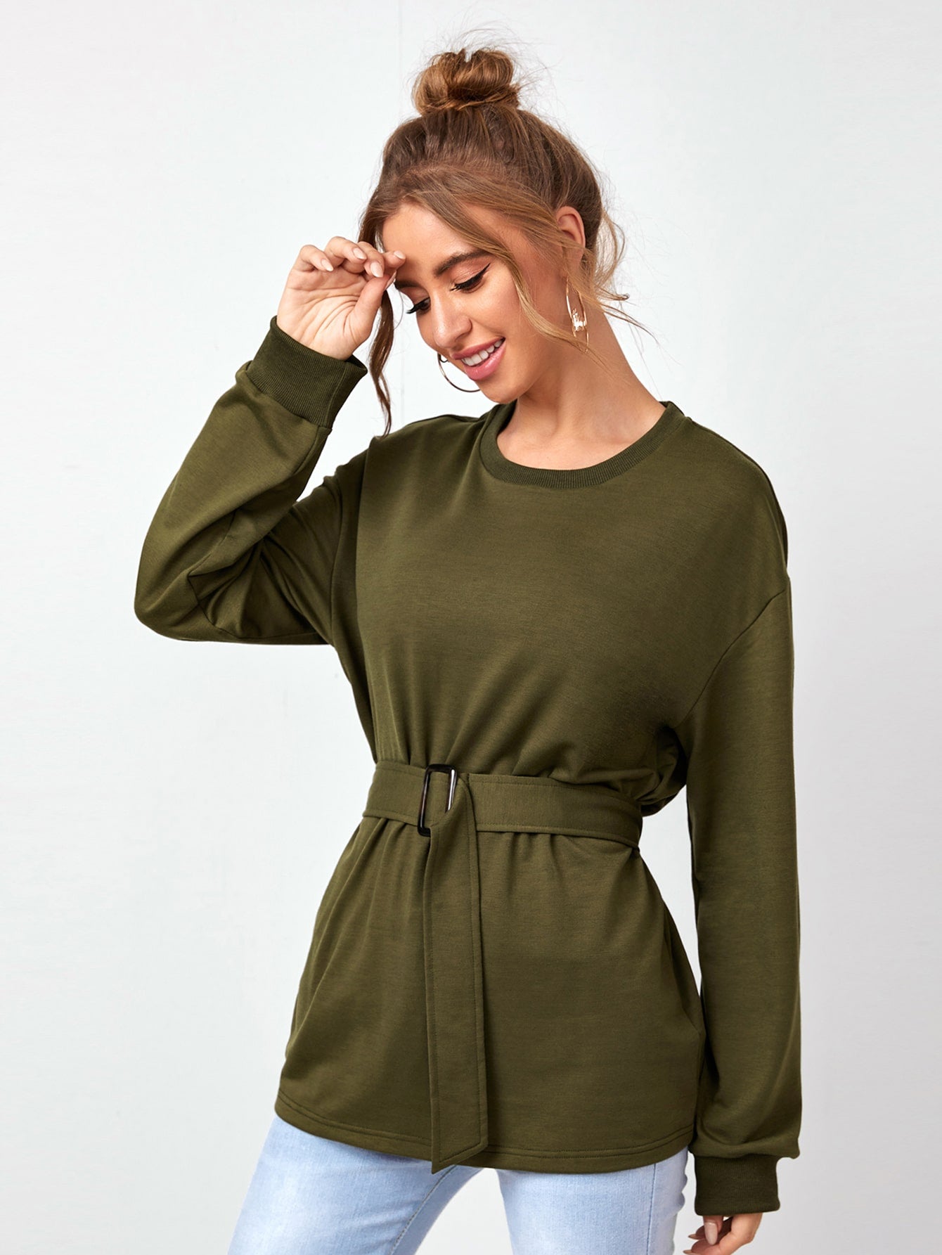 Elastic Waist Belted Solid Sweatshirt